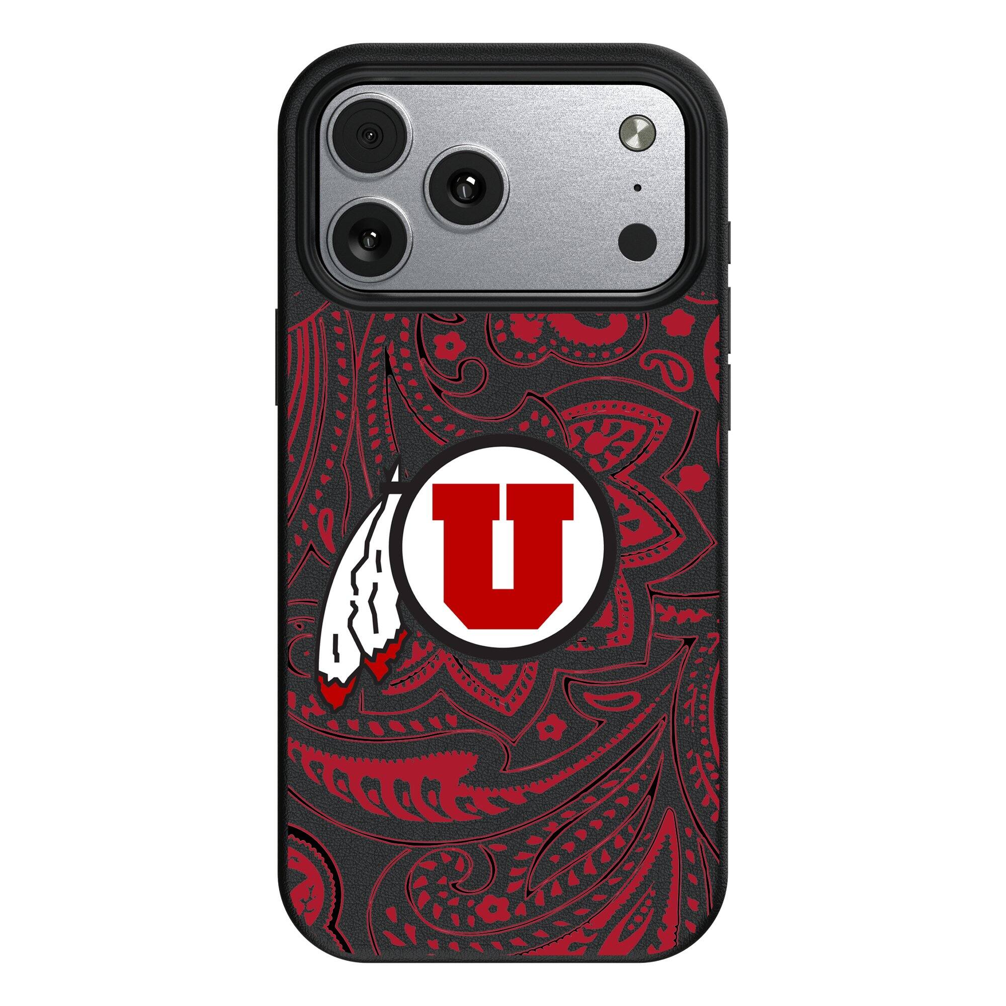 Front. Keyscaper - Utah Utes Paisley iPhone Magnetic Bump Case - 16 Pro Max - Black.