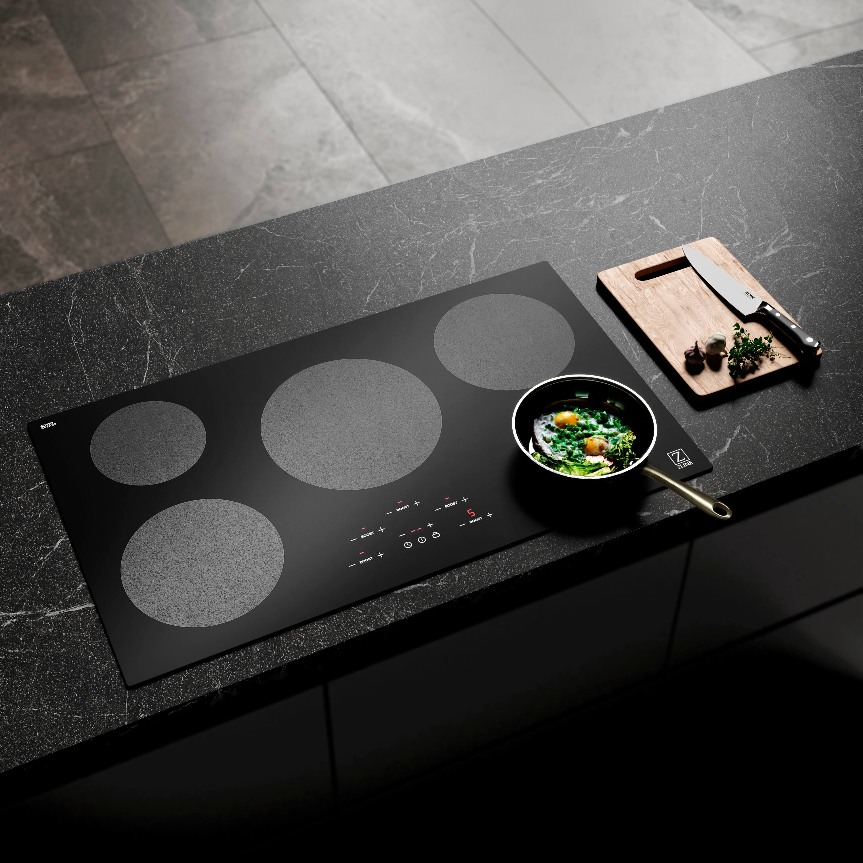 The image shows a stove with a pan of food on it. The stove has a timer that reads 5:00, indicating that the food has been cooking for five minutes. The pan is filled with a variety of vegetables, including broccoli, carrots, and greens. The stove is placed on a black countertop, and there is a knife nearby, likely for cutting or preparing the vegetables.