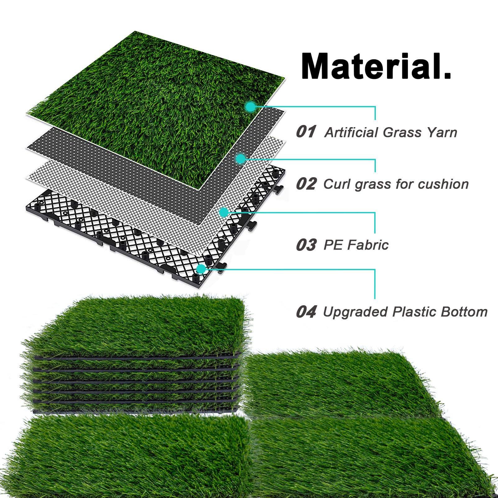Material.

01 Artificial Grass Yarn  
02 Curl grass for cushion  
03 PE Fabric  
04 Upgraded Plastic Bottom