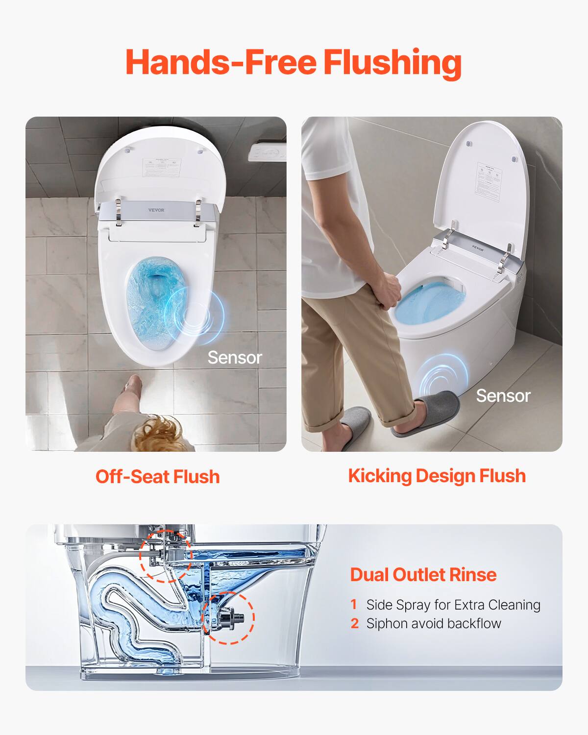 Hands-Free Flushing

Off-Seat Flush
Kicking Design Flush
Dual Outlet Rinse
1. Side Spray for Extra Cleaning
2. Siphon avoid backflow