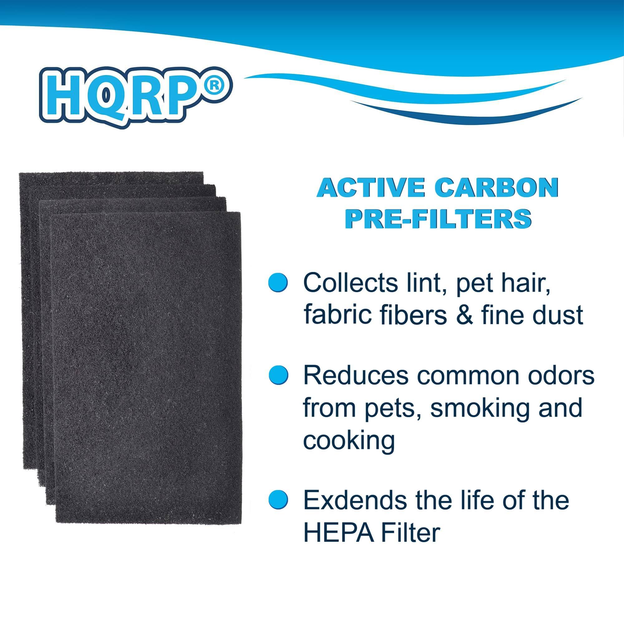 HQRP ACTIVE CARBON PRE-FILTERS  
- Collects lint, pet hair, fabric fibers & fine dust  
- Reduces common odors from pets, smoking and cooking  
- Extends the life of the HEPA Filter