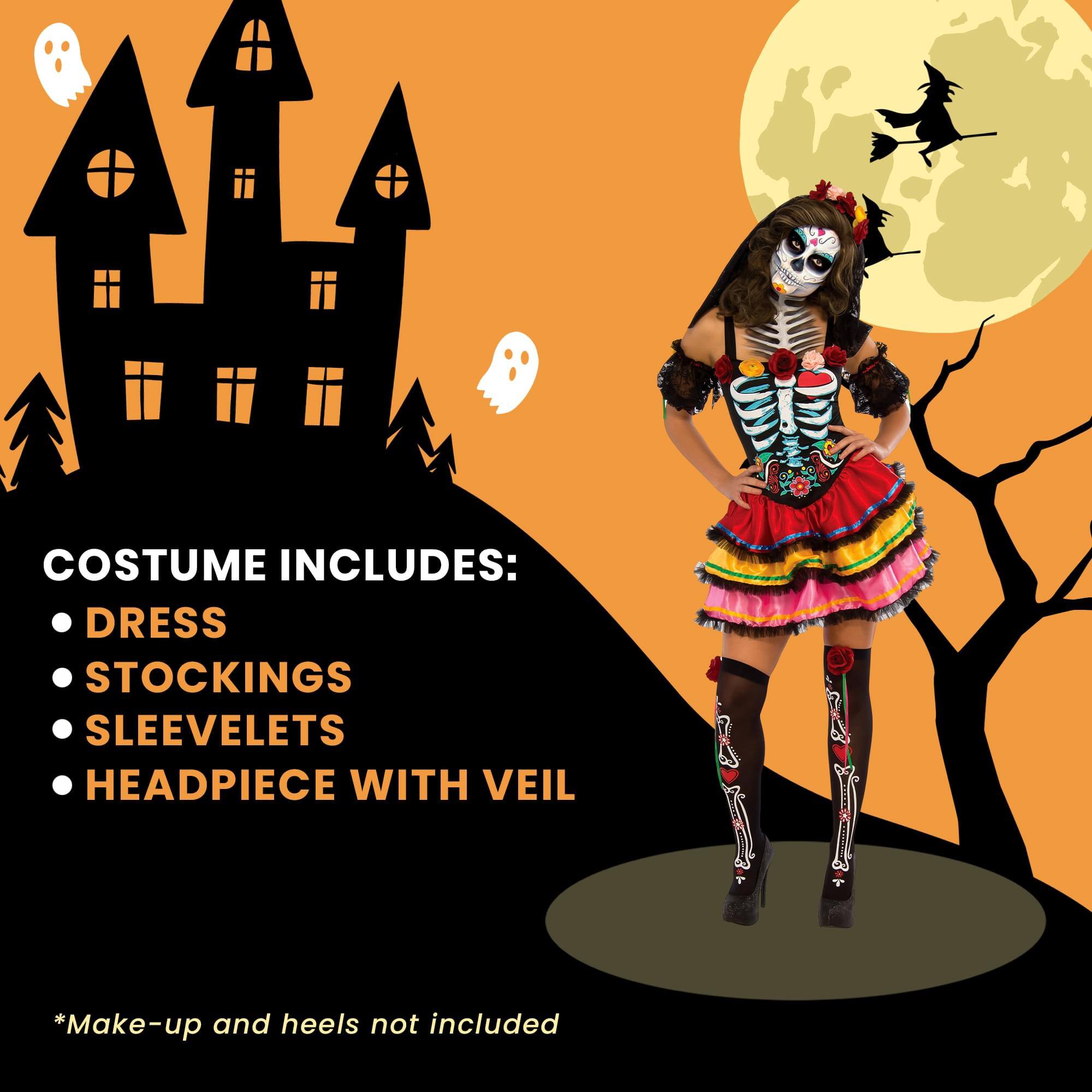 COSTUME INCLUDES:  
- DRESS  
- STOCKINGS  
- SLEEVELETS  
- HEADPIECE WITH VEIL  

*Make-up and heels not included