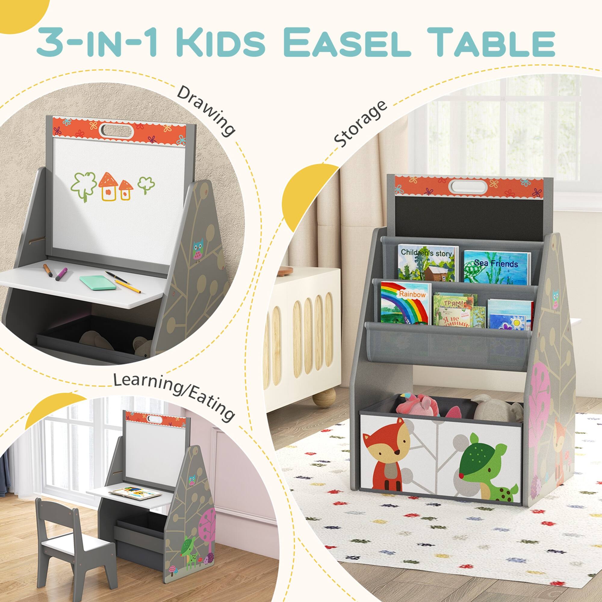 The image features a 3-in-1 kids easel table, which serves as a drawing storage, a children's desk, and a storytelling area. The table is designed to help children learn and eat, with a storage area for books and toys. The table is accompanied by a chair and a rug, creating a comfortable and functional space for children to engage in various activities.