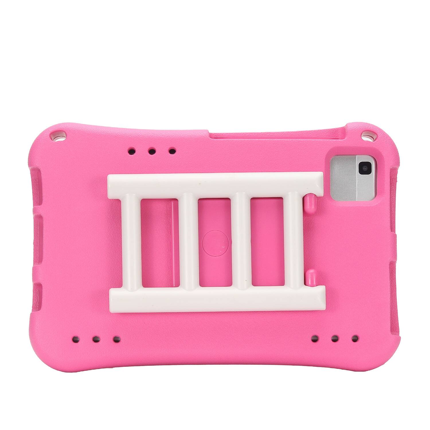 The image shows a pink tablet case with a white stand attached to the back.