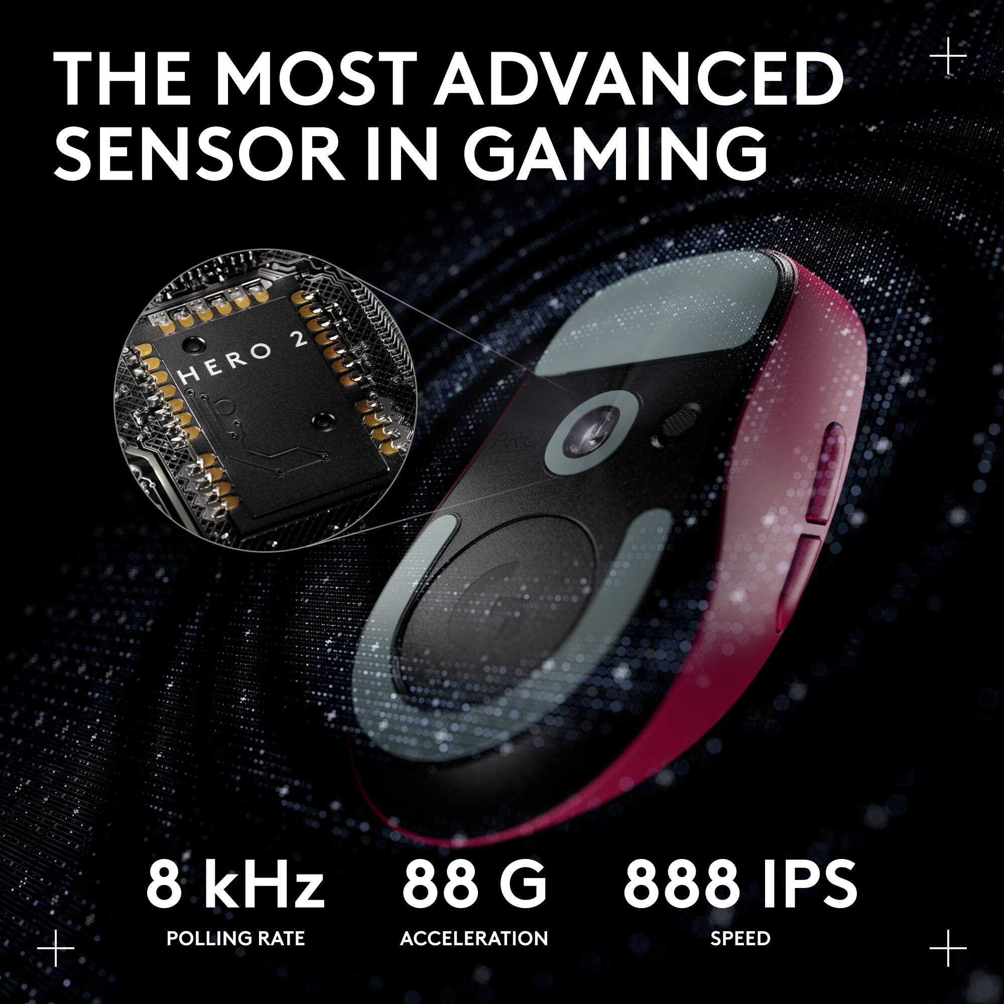 THE MOST ADVANCED SENSOR IN GAMING

HERO 2

8 kHz POLLING RATE

88 G ACCELERATION

888 IPS SPEED