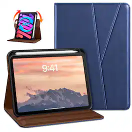 DTTO - Case for iPad Mini 7 (A17 Pro) 2024 / Mini 6 2021 - 360° Rotating Leather Folio with Pencil Holder - Navy Blue