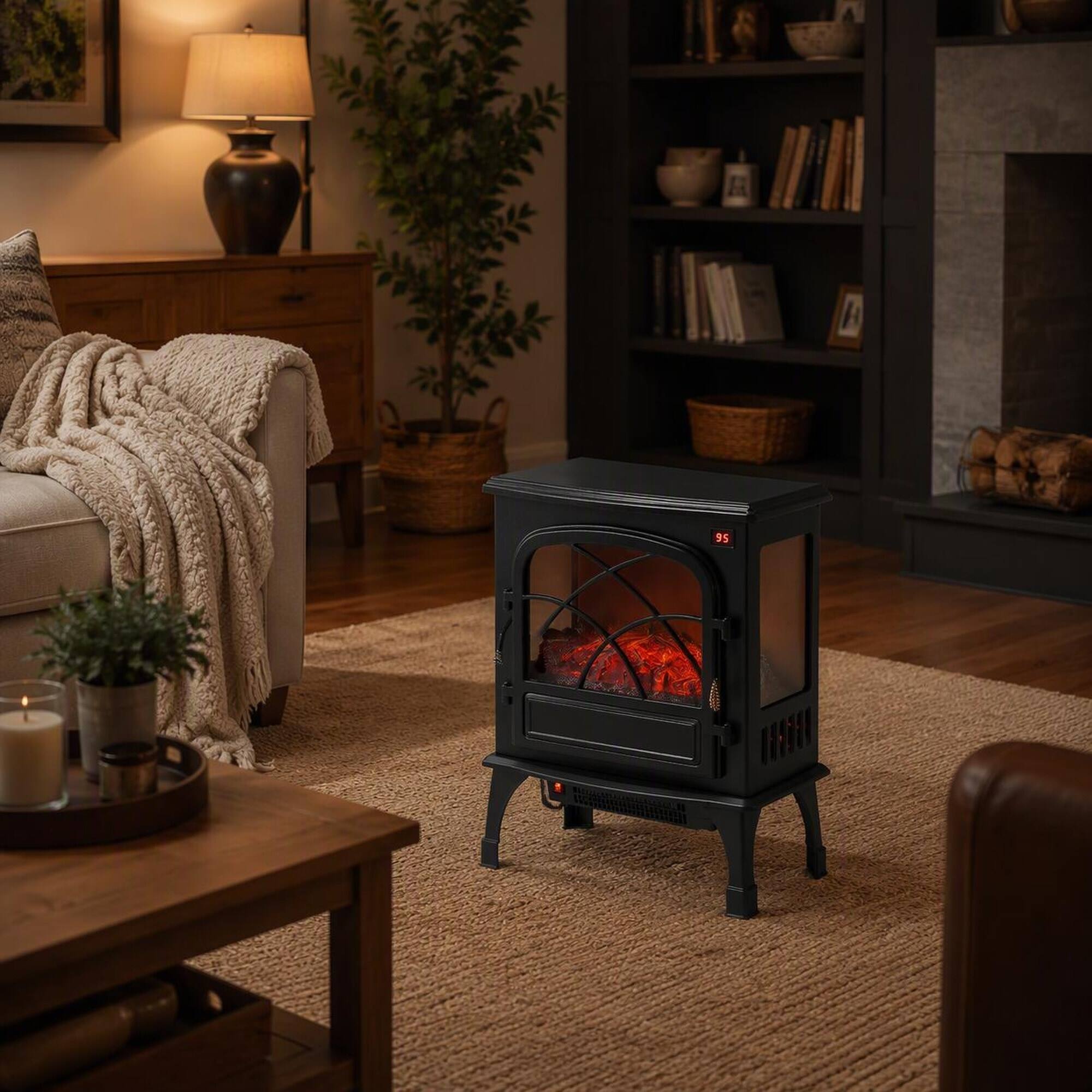 Back. RYHNUYNE - 25.5 Inch Freestanding Electric Fireplace Heater, 1500W Adjustable Flames Remote Control For Home Warmth Decor - Black.