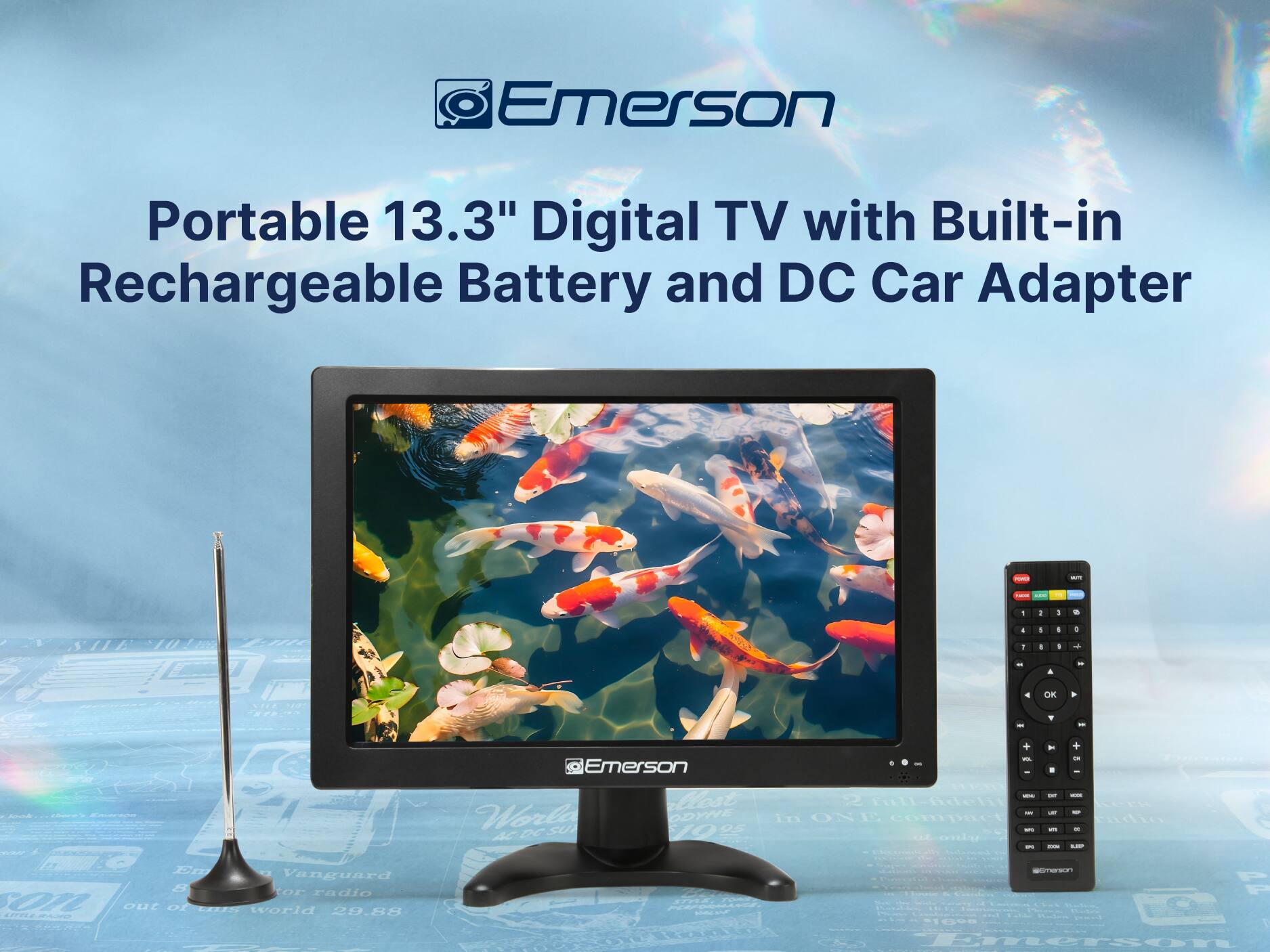 Emerson Portable 13.3" Digital TV with Built-in Rechargeable Battery and DC Car Adapter - Emerson Clost Worl ODYNE ACDCSU DC sU 10 OF AC + - - V - 2 full-fdelit - in ONI 1G compuet - CL onu 1 - - - - - + - - - C - adio - S 1Cm Vanguard 5 or radio C1L out OZ CN world 29.88 42T1 me