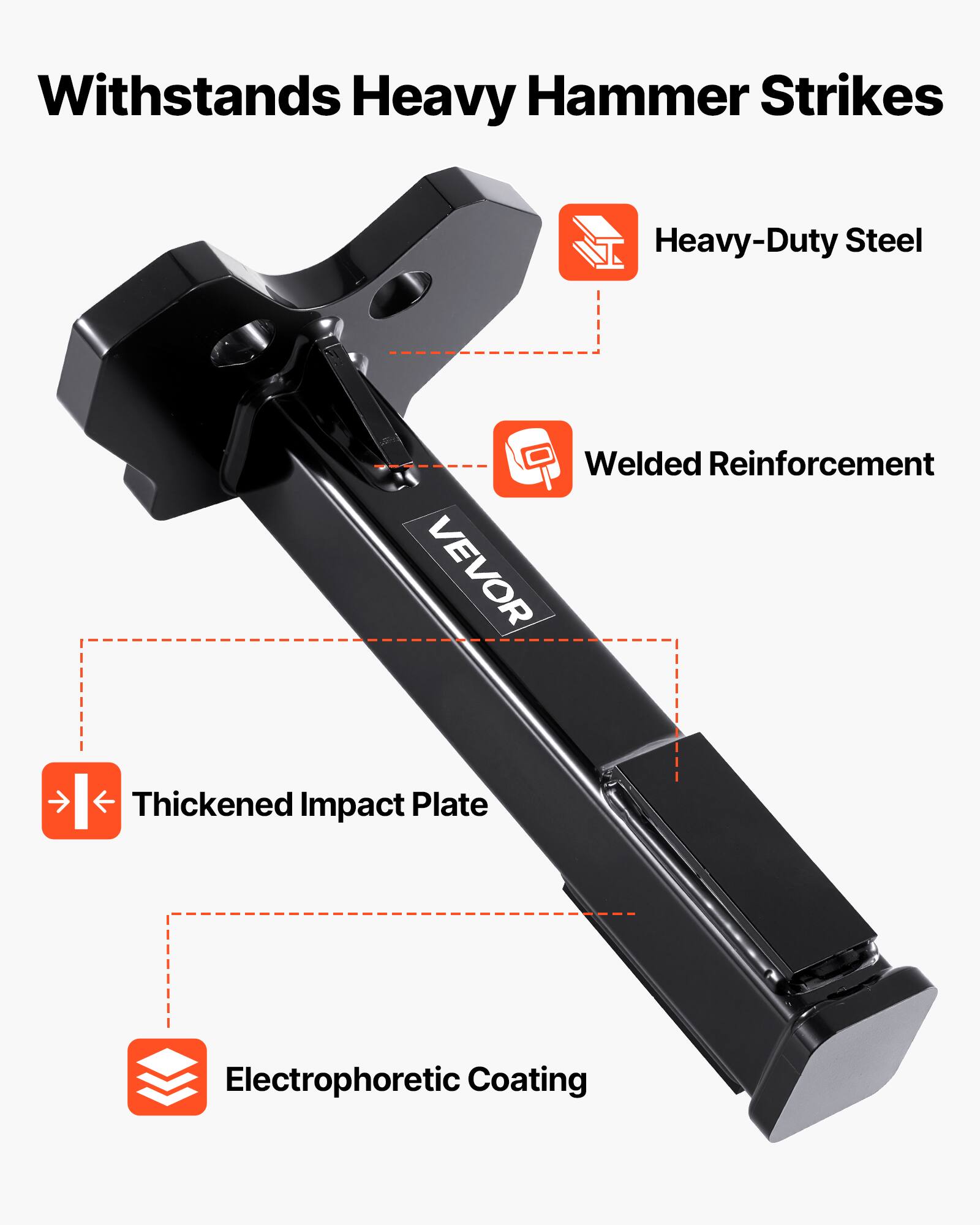 Withstands Heavy Hammer Strikes

Heavy-Duty Steel
Welded Reinforcement
Thickened Impact Plate
Electrophoretic Coating