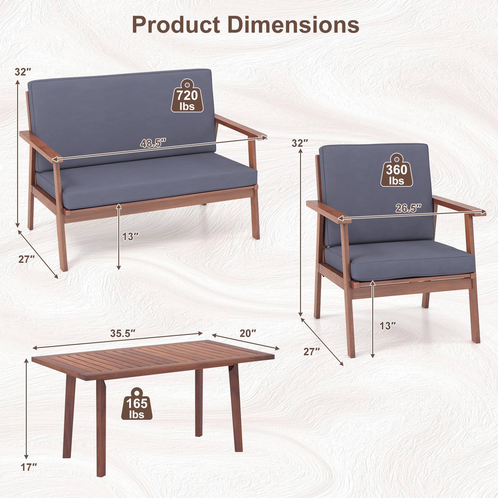 Product Dimensions: 32" 720 lbs 48.5" 32" 360 lbs 26.5" 13" 27" 35.5" 20" 13" 27" 165 lbs 17"