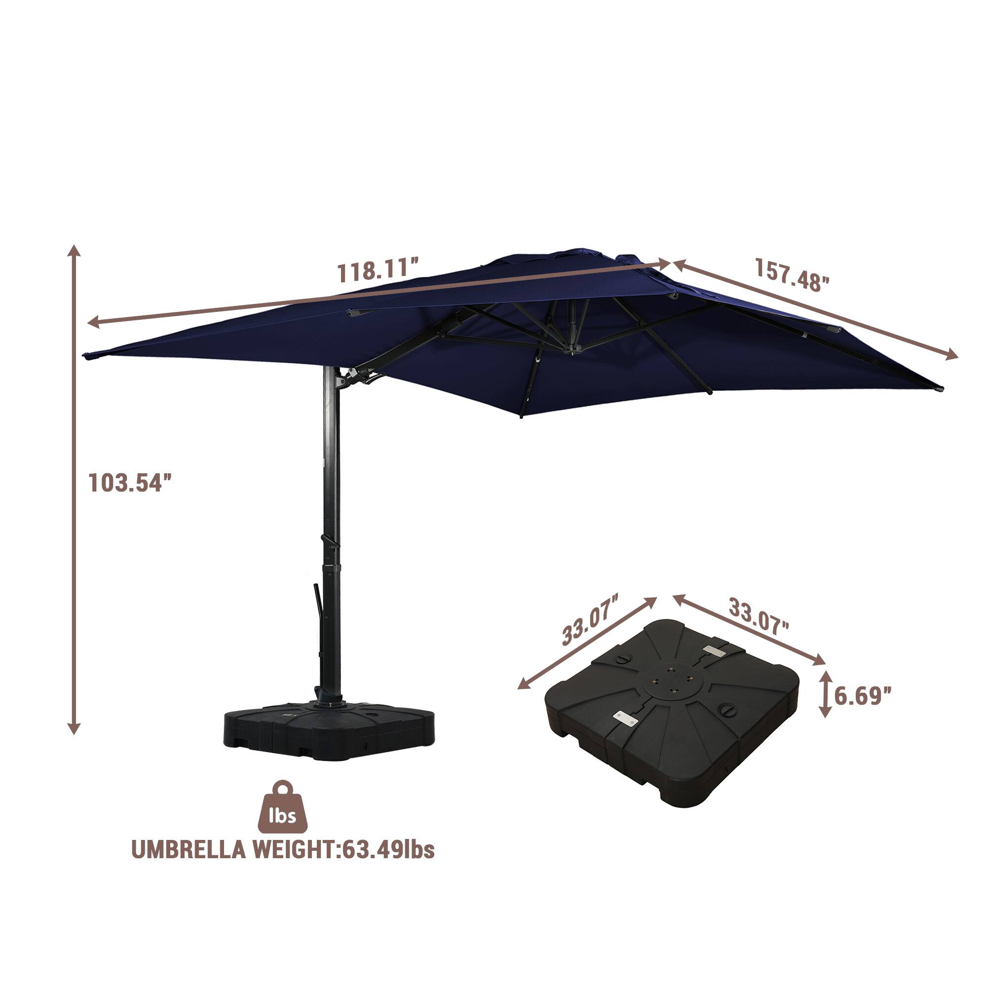 118.11"  
157.48"  
103.54"  
33.07"  
33.07"  
6.69"  
lbs  
UMBRELLA WEIGHT: 63.49lbs