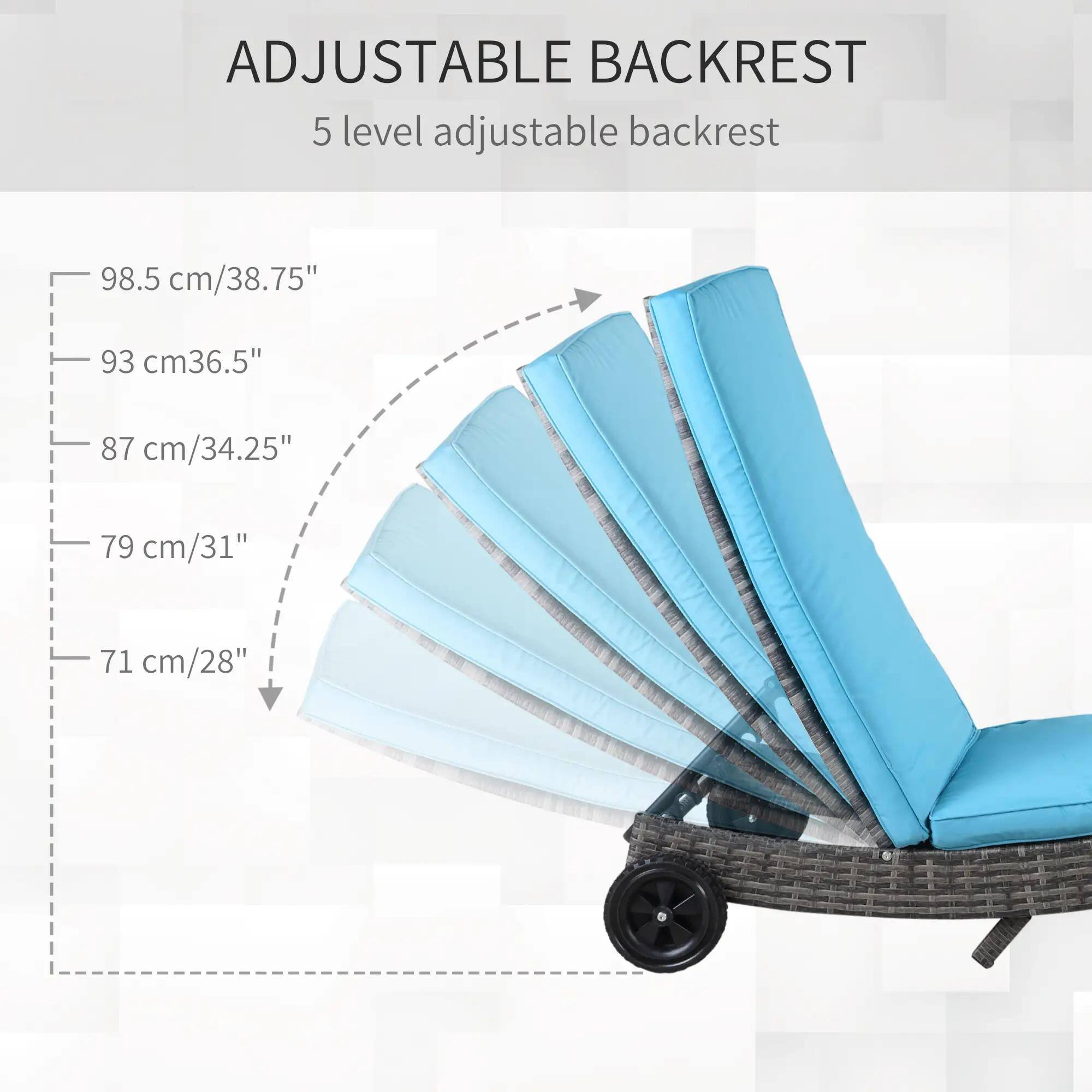 ADJUSTABLE BACKREST
5 level adjustable backrest
98.5 cm/38.75"
93 cm/36.5"
87 cm/34.25"
79 cm/31"
71 cm/28"