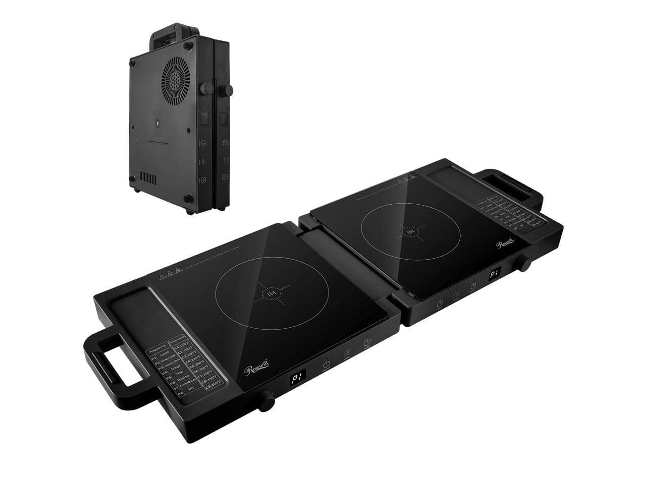 Rosewill - Foldable Dual Induction Cooktop, 1800W Portable Double Burner, 8 Modes, 9-Hr Timer, Auto Shutoff - Black