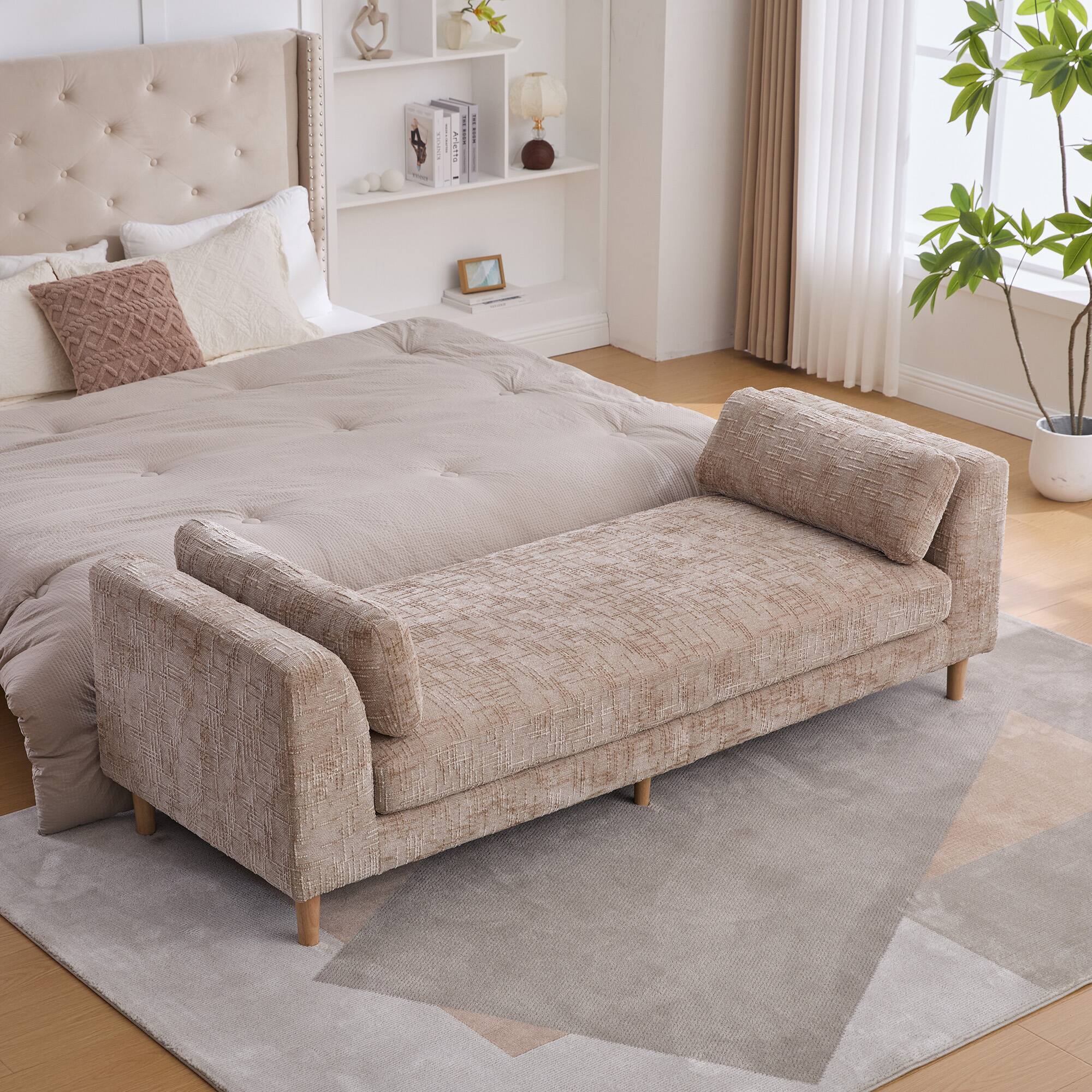 Boyel Living - Upholstered Chaise Lounge Bench with Armrests and Bolster Pillows, 83.1 in - Wheat