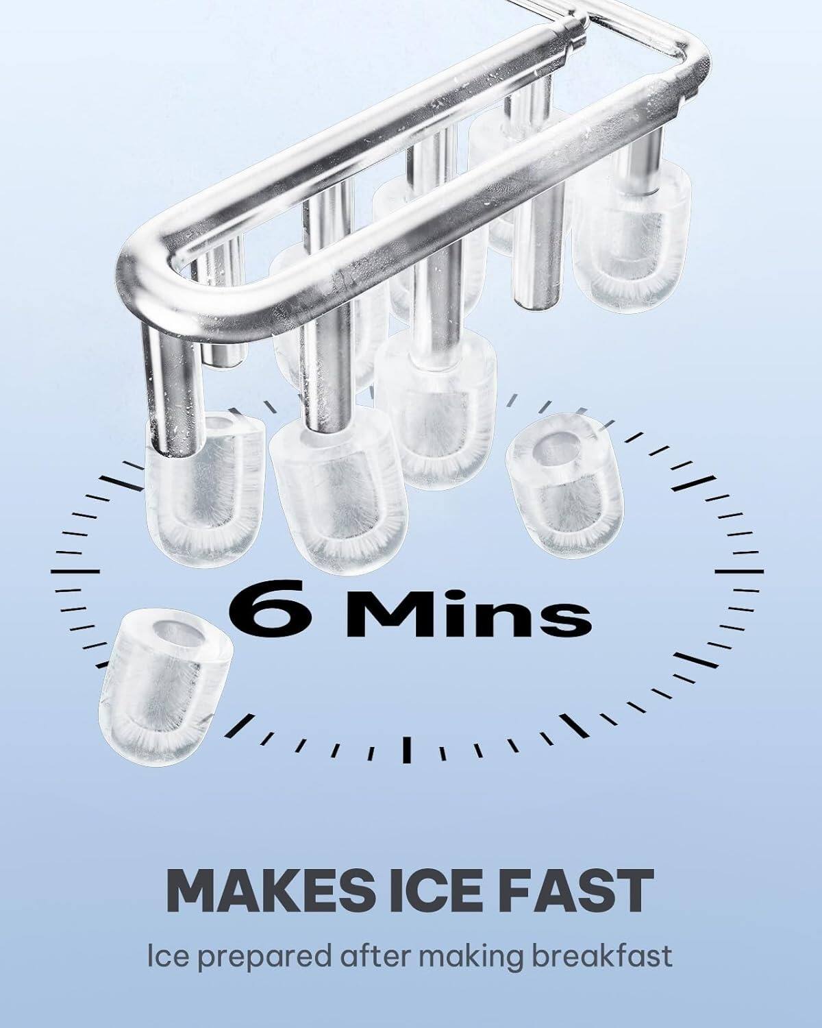 6 Mins MAKES ICE FAST  
Ice prepared after making breakfast