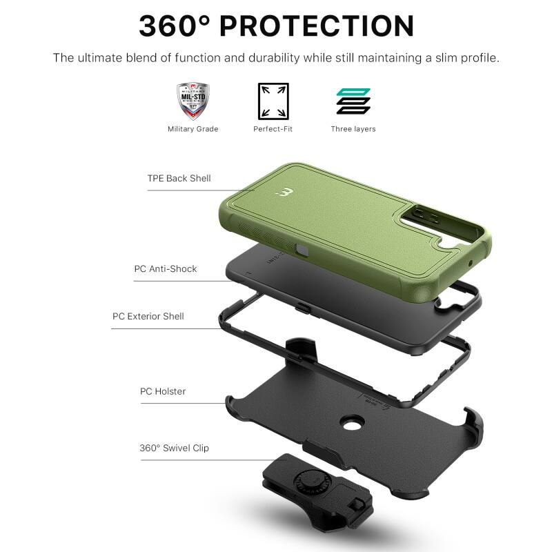 360° PROTECTION

The ultimate blend of function and durability while still maintaining a slim profile.

MIL-STD Military Grade
Perfect-Fit
Three layers
TPE Back Shell
PC Anti-Shock
PC Exterior Shell
PC Holster
360° Swivel Clip
