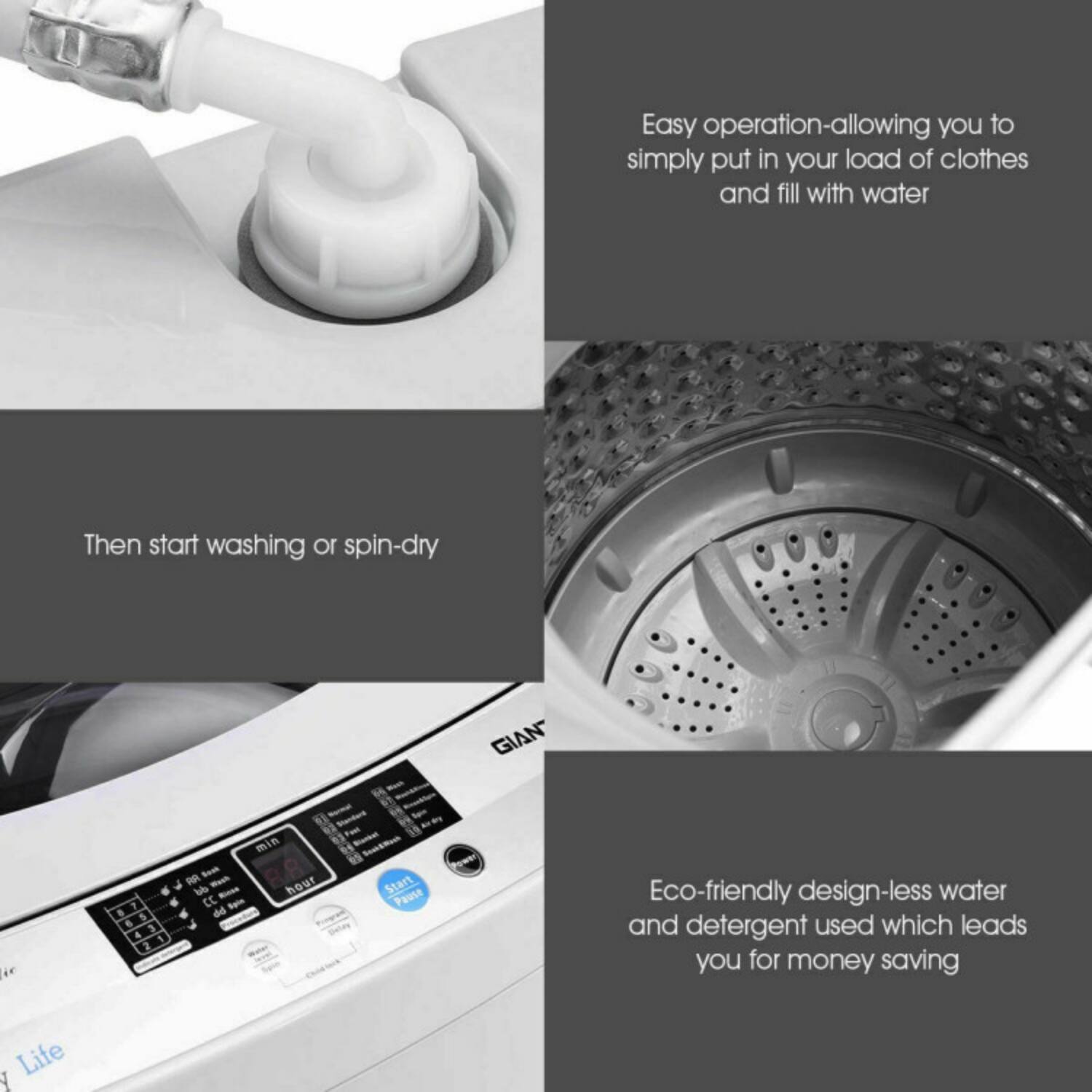 Easy operation-allowing you to simply put in your load of clothes and fill with water. Then start washing or spin-dry.

Eco-friendly design-less water and detergent used which leads you for money saving.