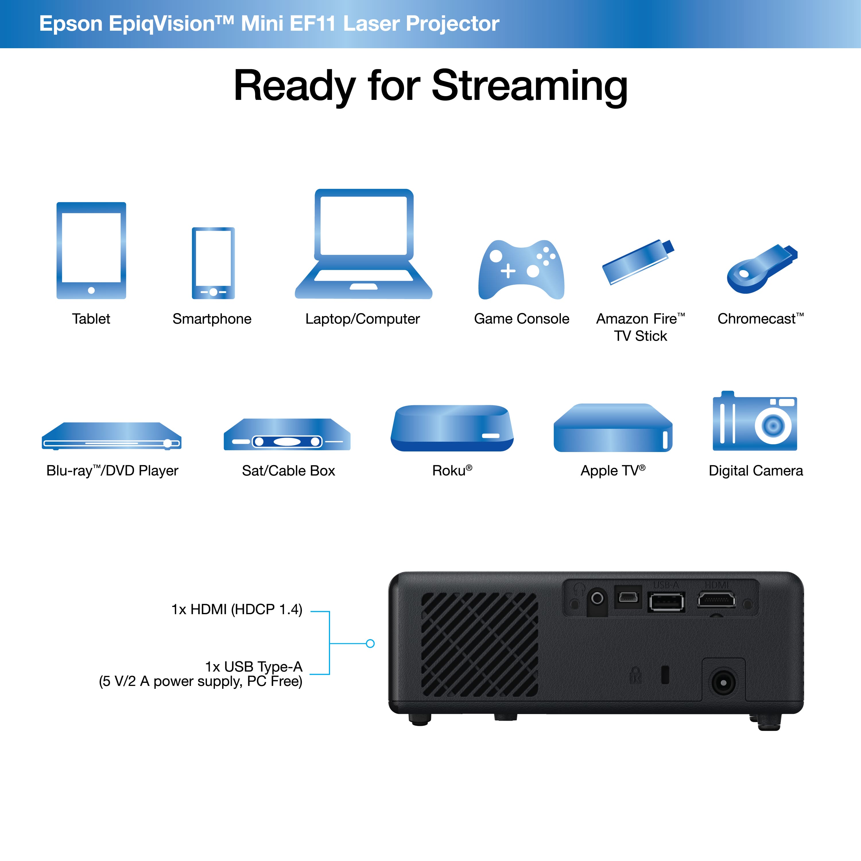 Epson EpiqVision Mini EF11 Laser Projector Ready for Streaming + Tablet Smartphone Laptop/Computer Game Console Amazon Fire Chromecast TV Stick Blu-ray/DVD Player Sat/Cable Box Roku Apple TV Digital Camera USB Type-A (5 V/2 A power supply, PC Free)