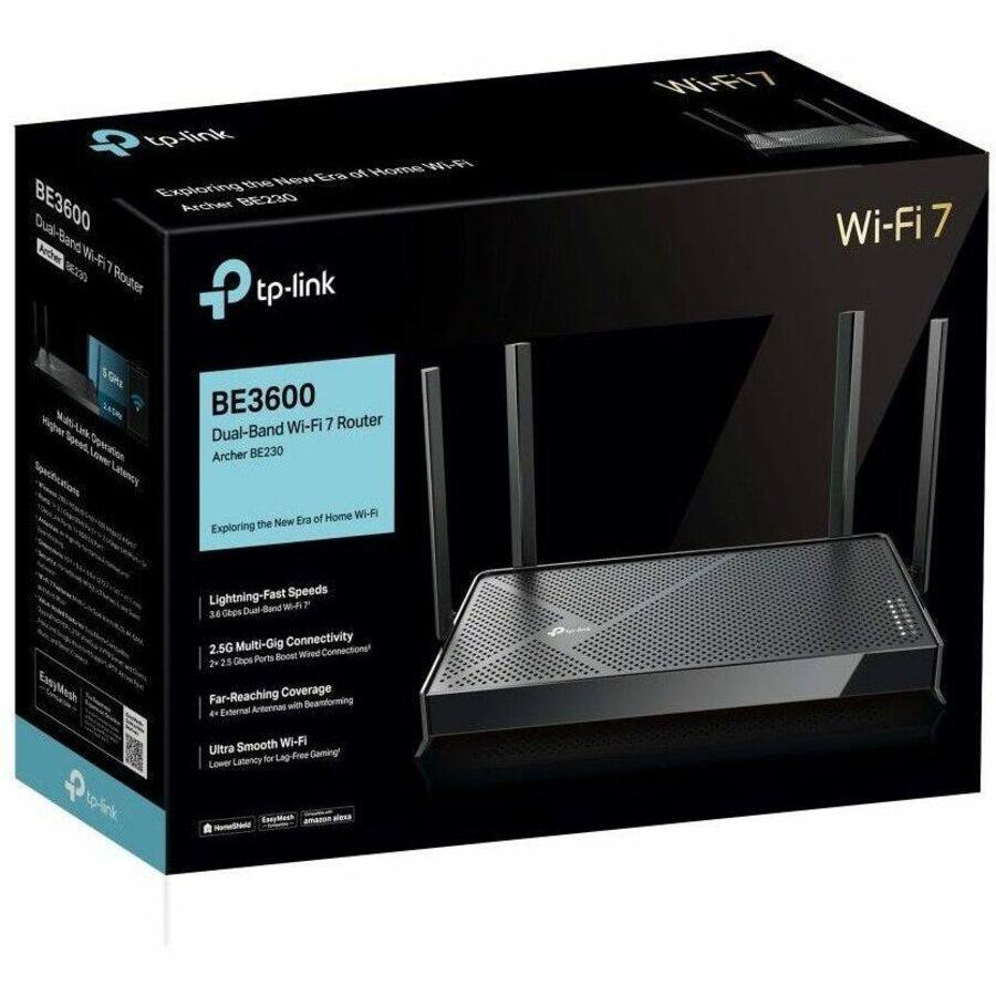 **BE3600 Dual-Band Wi-Fi 7 Router Archer BE230**

**Exploring the New Era of Home Wi-Fi**

- **Lightning-Fast Speeds**
  - 3.6 Gbps Dual-Band Wi-Fi 7

- **2.5G Multi-Gig Connectivity**
  - 2 x 2.5G Ports for Booming Wi-Fi Connection

- **Far-Reaching Coverage**
  - 4 External Antennas with Beamforming

- **Ultra Smooth Wi-Fi**
  - Lower Latency for Lag-Free Gaming

**Wi-Fi 7**

**tp-link**