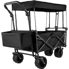 VEVOR - Extra Large Collapsible Garden Cart with Removable Canopy, Folding Wagon Utility Carts with Wheels and Rear Storage - Black