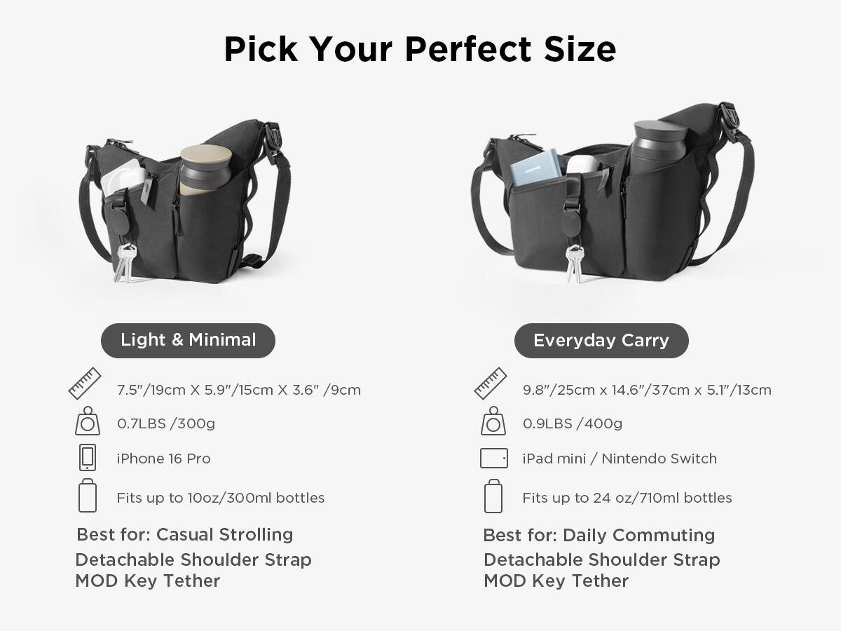 Pick Your Perfect Size

Light & Minimal
7.5"/19cm X 5.9"/15cm X 3.6"/9cm
0.7LBS / 300g
iPhone 16 Pro
Fits up to 10oz/300ml bottles
Best for: Casual Strolling
Detachable Shoulder Strap
MOD Key Tether

Everyday Carry
9.8"/25cm x 14.6"/37cm x 5.1"/13cm
0.9LBS / 400g
iPad mini / Nintendo Switch
Fits up to 24 oz/710ml bottles
Best for: Daily Commuting
Detachable Shoulder Strap
MOD Key Tether