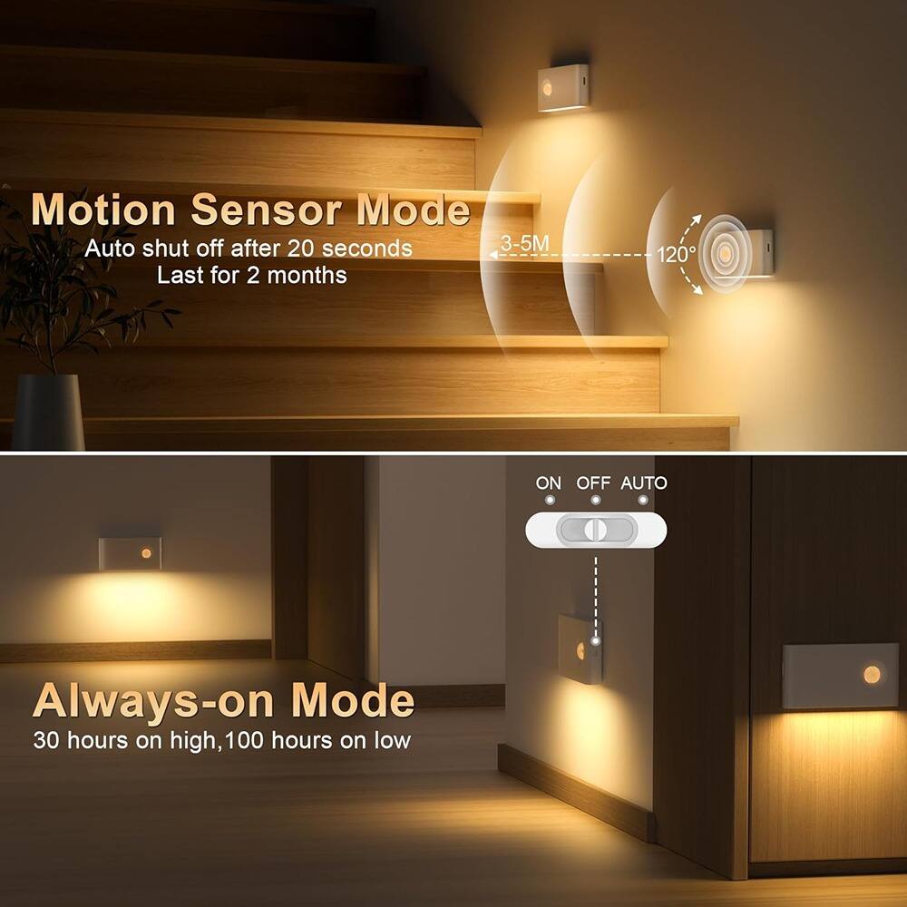 Motion Sensor Mode  
Auto shut off after 20 seconds  
Last for 2 months  
3-5M  
120°  

Always-on Mode  
30 hours on high, 100 hours on low  

ON OFF AUTO