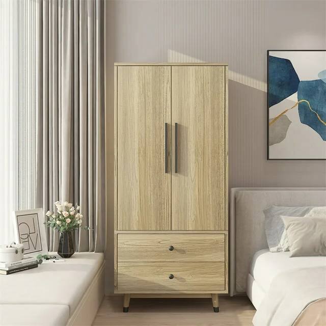 Angle. Hivvago - Mid-Century 2-Door Armoire Wardrobe Cabinet with Hanging Rail in Oak Finish - Natural.