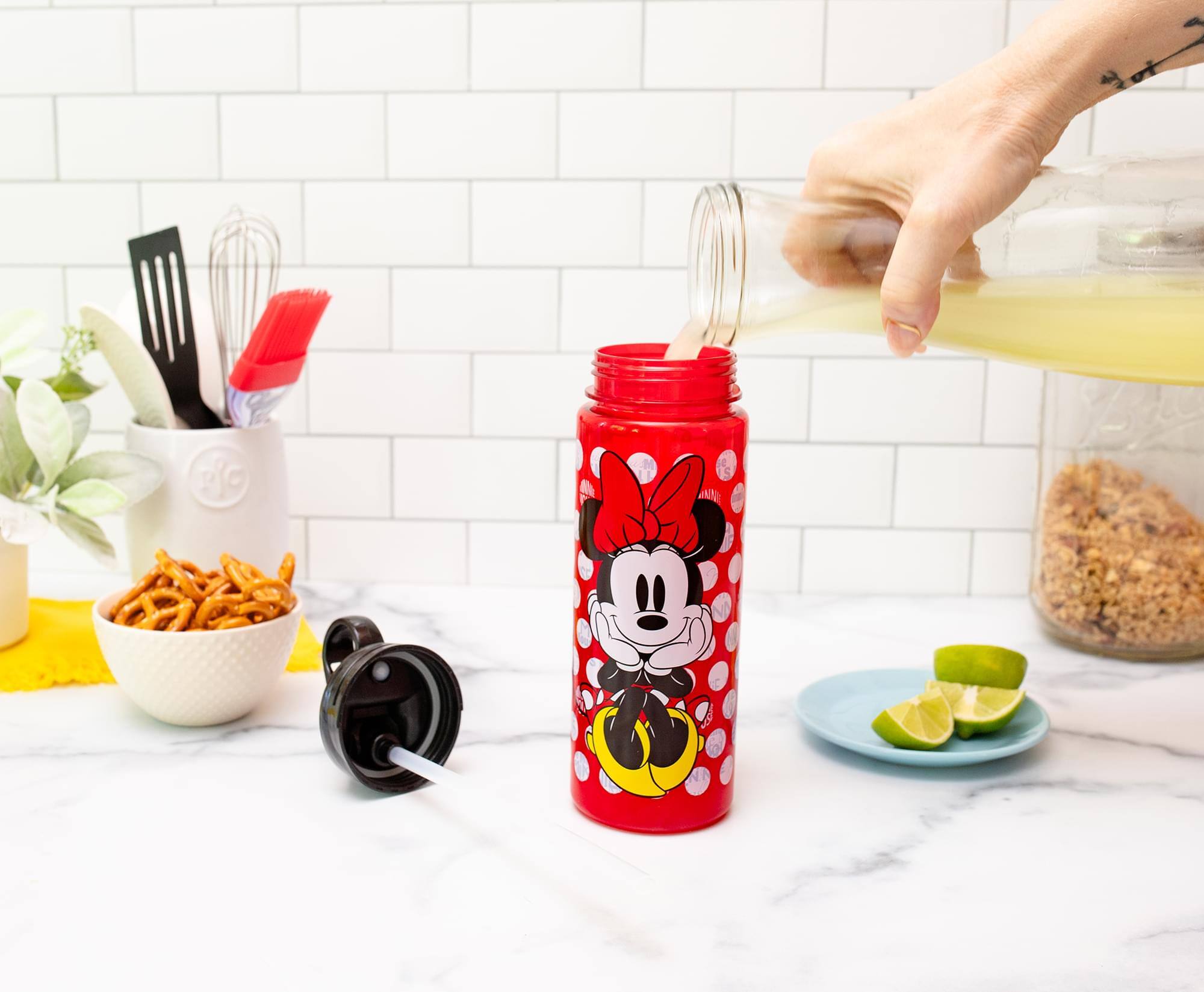 Alt View 5. Disney - Disney Minnie Mouse Water Bottle With Flip-Up Straw | Holds 20 Ounces - Red.