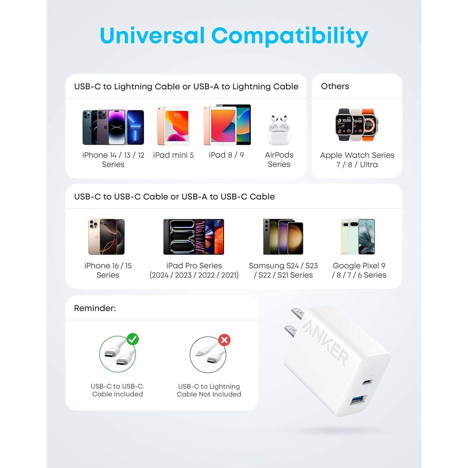 Universal Compatibility

USB-C to Lightning Cable or USB-A to Lightning Cable
- iPhone 14 / 13 / 12 Series
- iPad mini 5
- iPad 8 / 9 AirPods Series
- Apple Watch Series 7 / 8 / Ultra

USB-C to USB-C Cable or USB-A to USB-C Cable
- iPhone 16 / 15 Series
- iPad Pro Series (2024 / 2023 / 2022 / 2021) / S22 / S21 Series
- Samsung S24 / S23
- Google Pixel 9 / 8 / 7 / 6 Series

Reminder:
- USB-C to USB-C Cable Included
- USB-C to Lightning Cable Not Included

ANKER