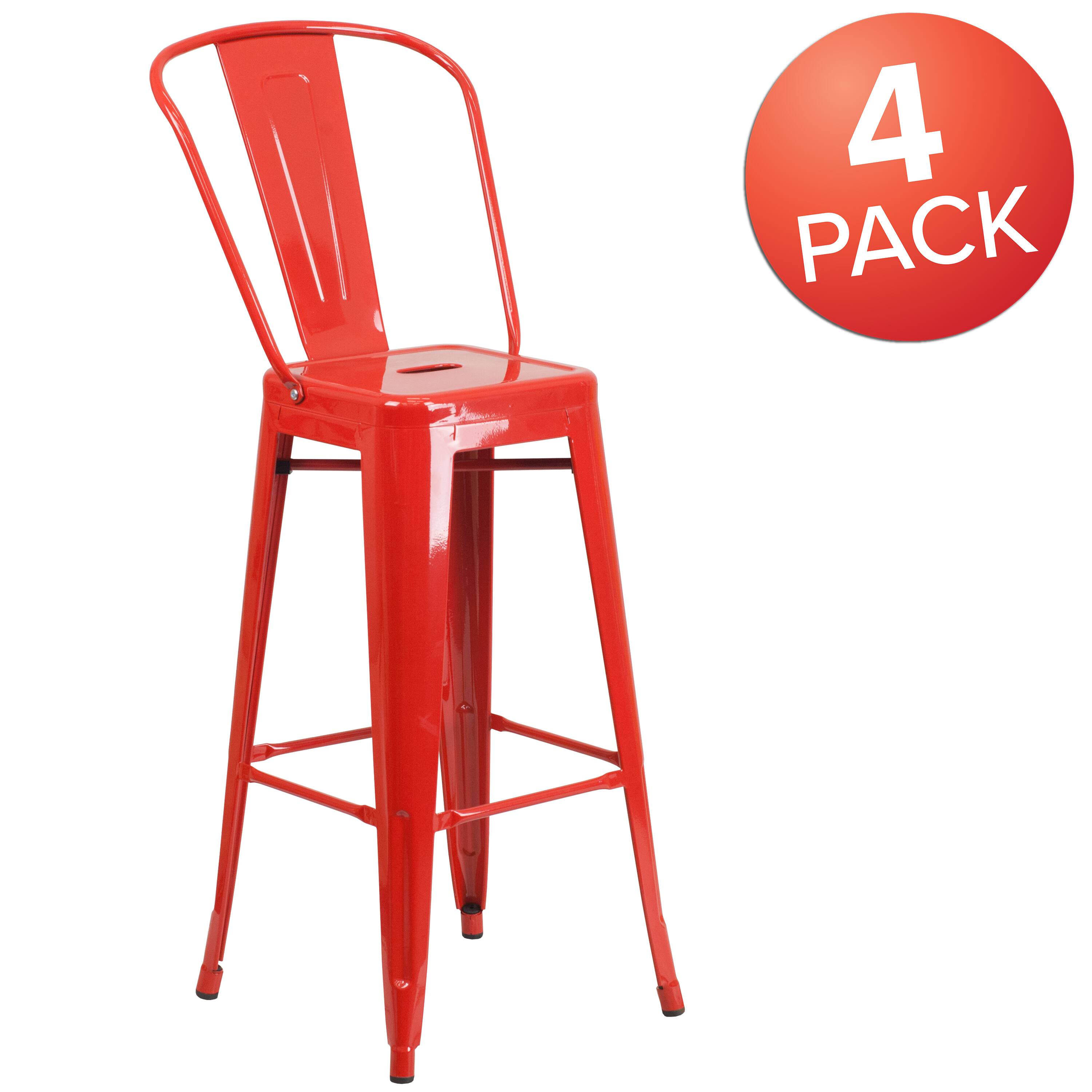 Alt View 1. Emma + Oliver - Commercial Grade 4 Pack 30" High Metal Indoor-Outdoor Barstool with Back - Red.