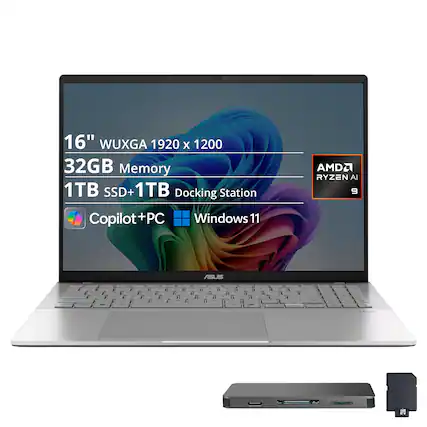 16" WUXGA 1920 x 1200
32GB Memory
1TB SSD + 1TB Docking Station
AMD Ryzen AI 9
Copilot+PC Windows 11
ASUS