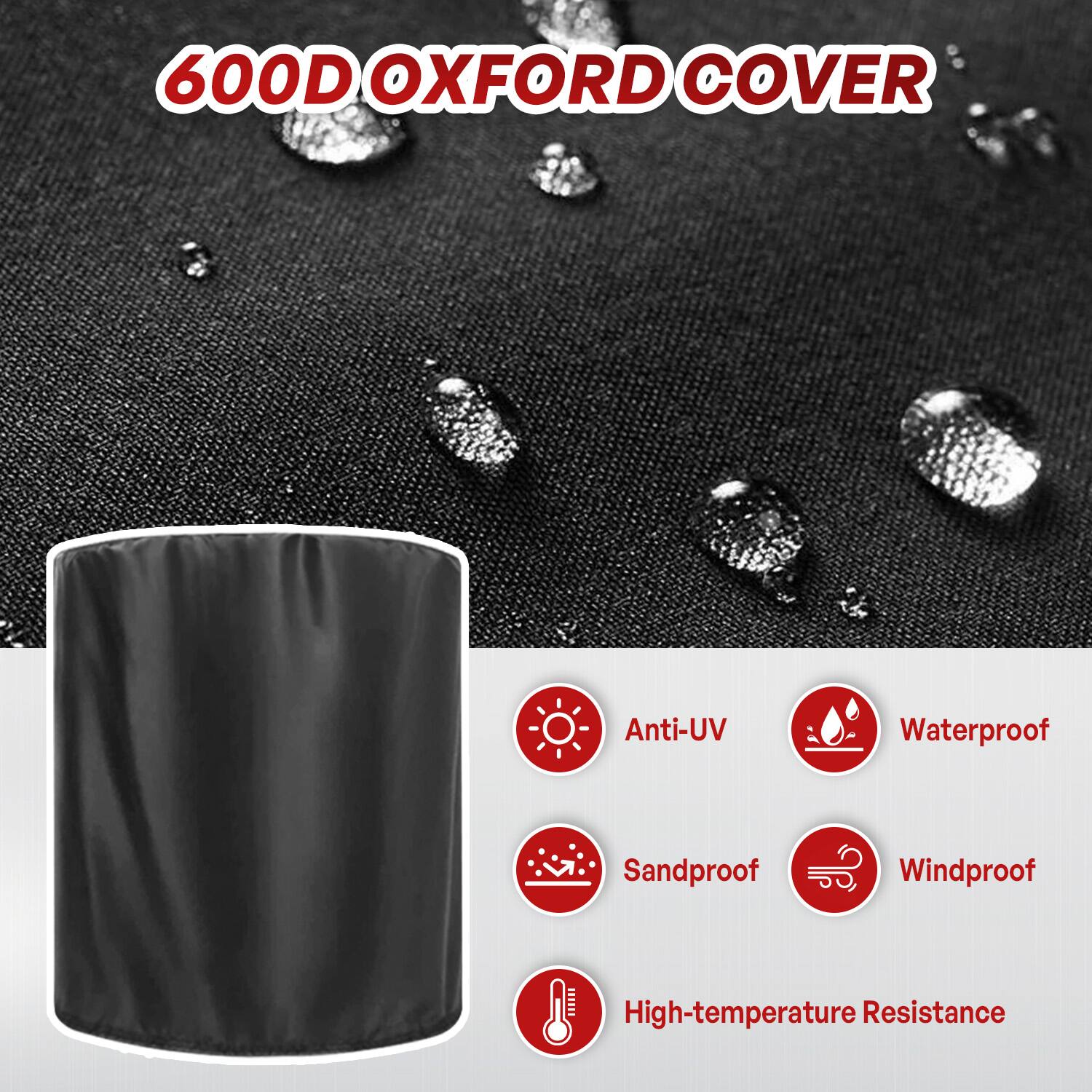600D OXFORD COVER

- Anti-UV
- Waterproof
- Sandproof
- Windproof
- High-temperature Resistance