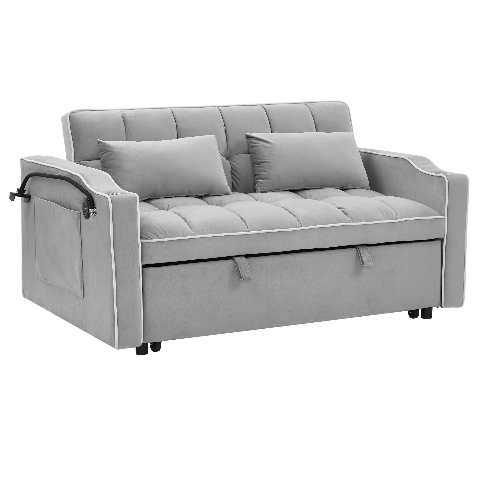 Alt View 4. Tiramisubest - Modern Velvet Versatile Foldable Sofa Bed in 3 Lengths,Adjustable Back w/ USB Port,Ashtray & Swivel Phone Stand (Grey) - Grey.