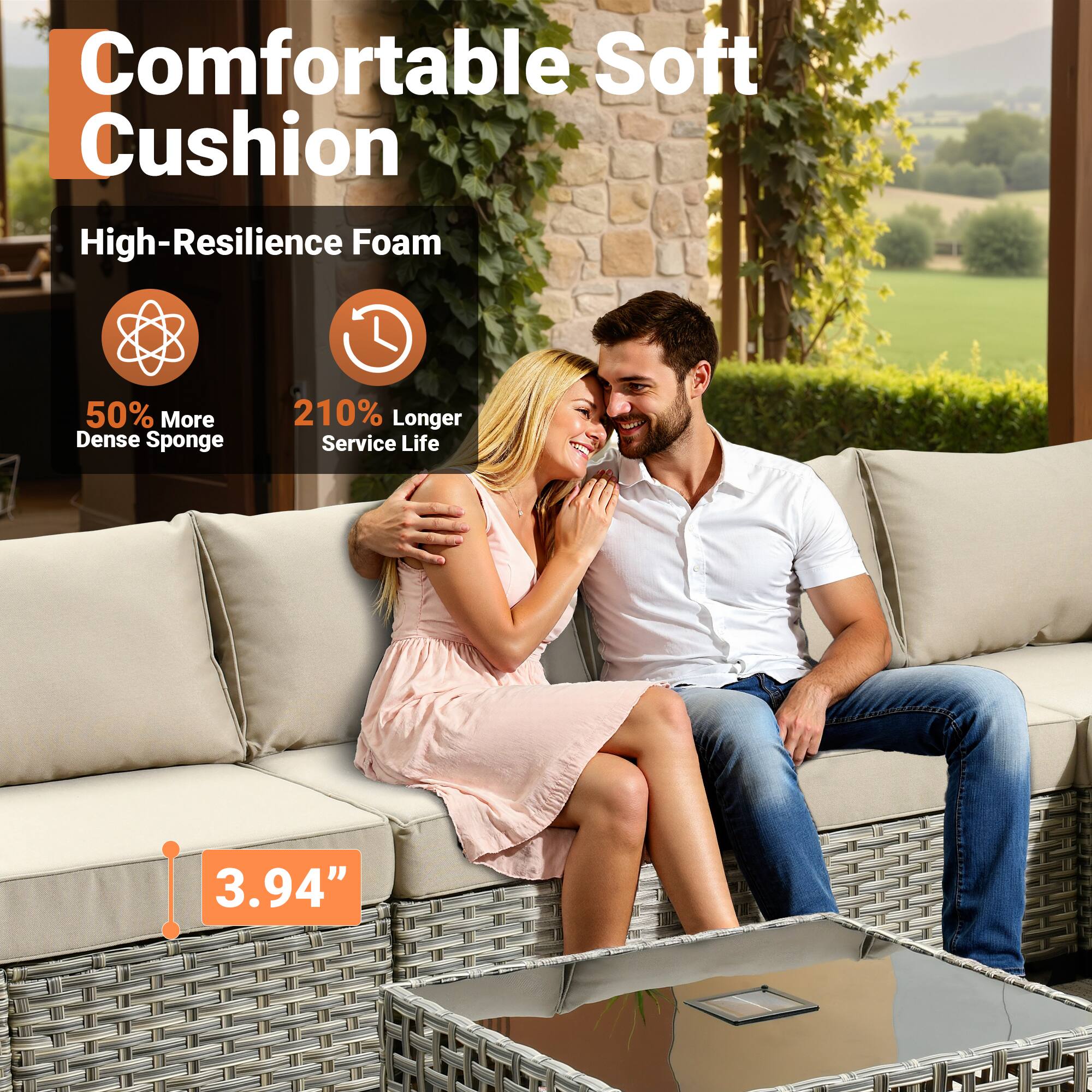 Alt View 2. Ovios - 7 PCS Patio Sectional Furniture with 42" Fire Pit Table Rattan Wicker Coversation Couch Set - Beige.