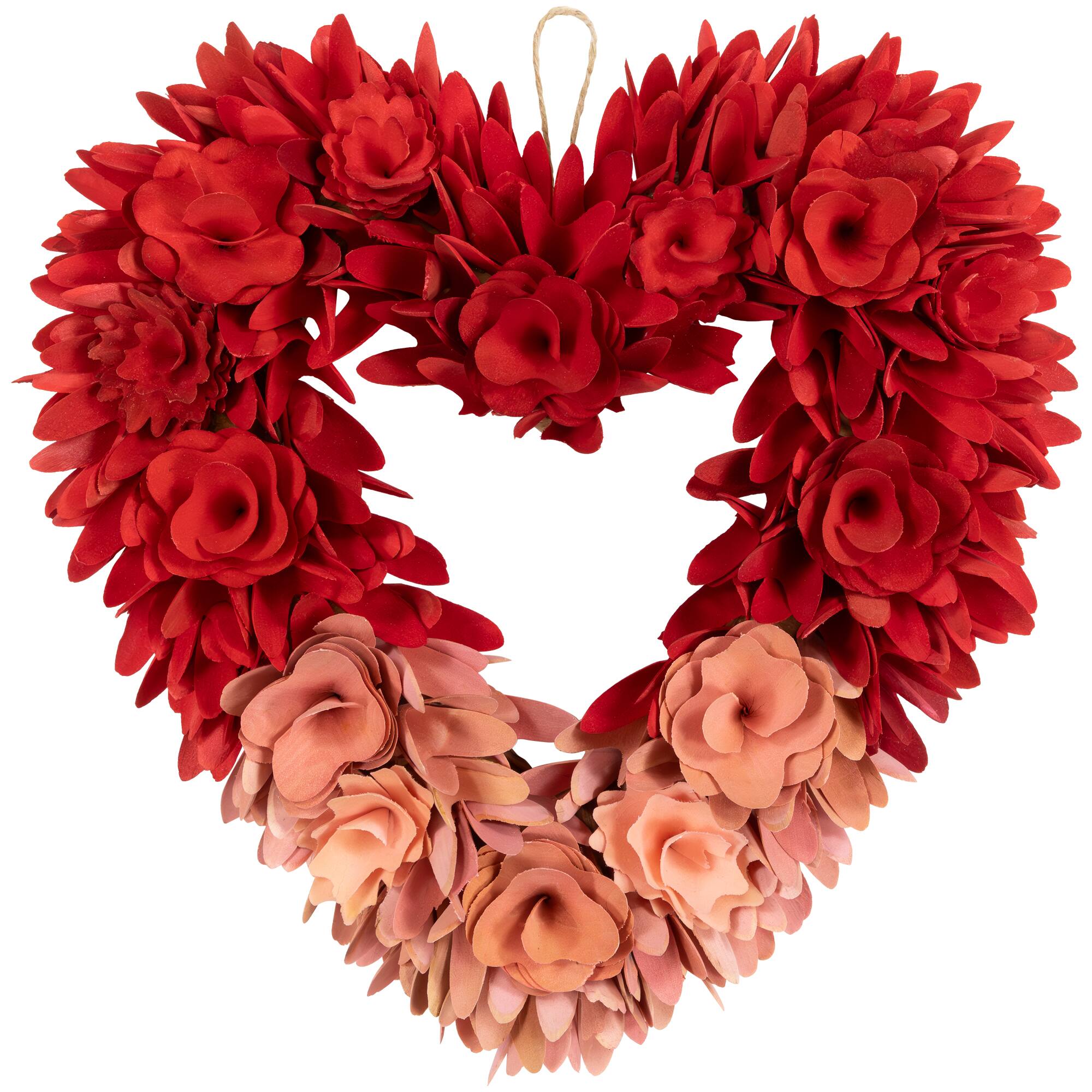 Front. Northlight - Wooden Rose Artificial Valentine's Day Floral Wreath - 14" - Red and Pink - Red.