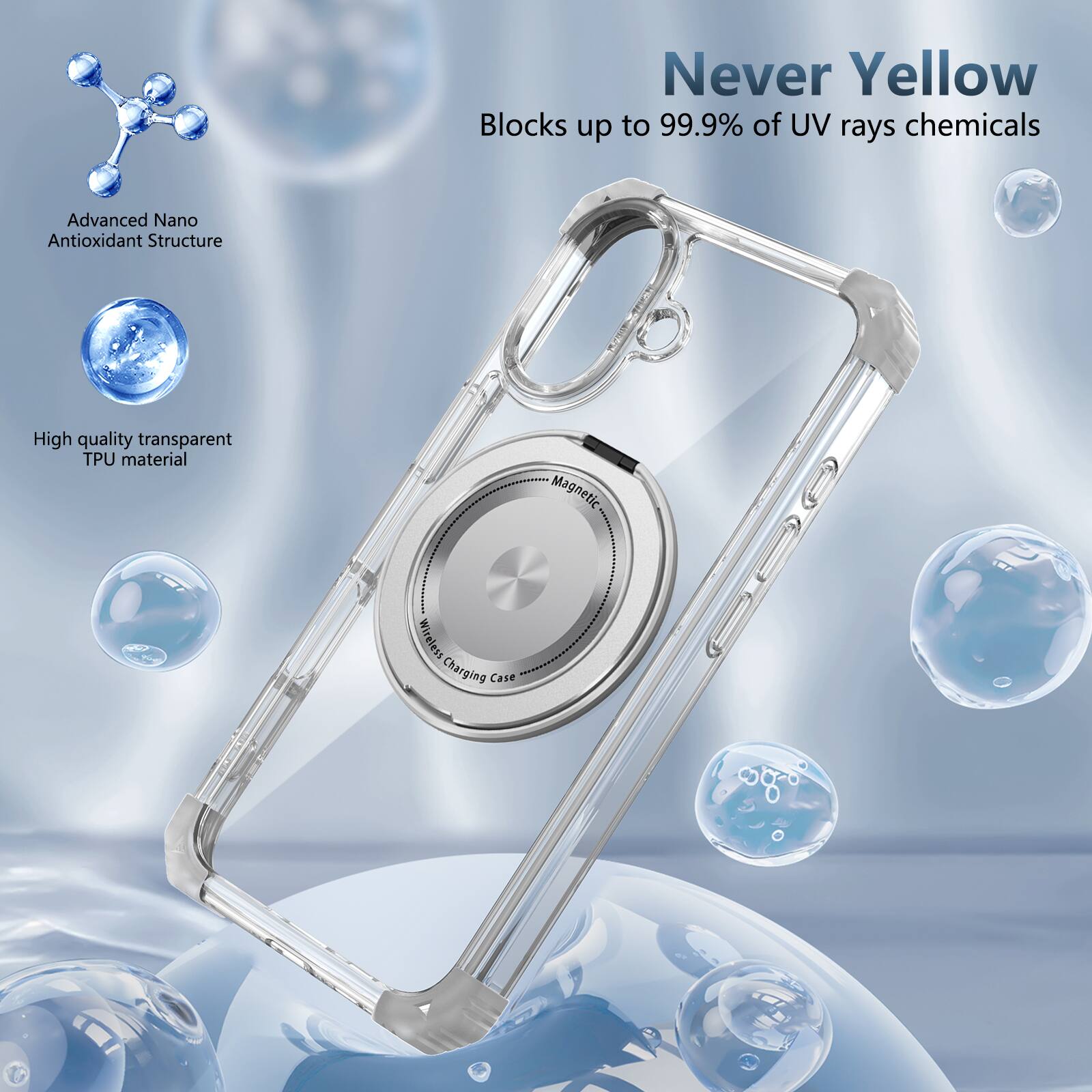 Never Yellow  
Blocks up to 99.9% of UV rays chemicals  
Advanced Nano Antioxidant Structure  
High quality transparent TPU material  
Magnetic Wireless Charging Case