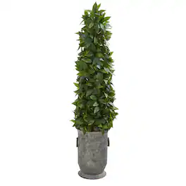 BreeBe - 40" Sweet Bay Cone Topiary Tree in Vintage Metal Planter - Green