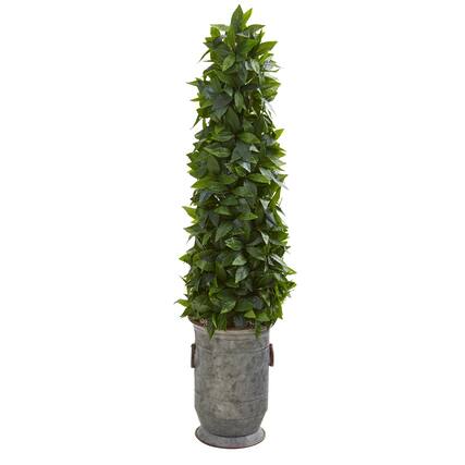 Front. BreeBe - 40" Sweet Bay Cone Topiary Tree in Vintage Metal Planter - Green.