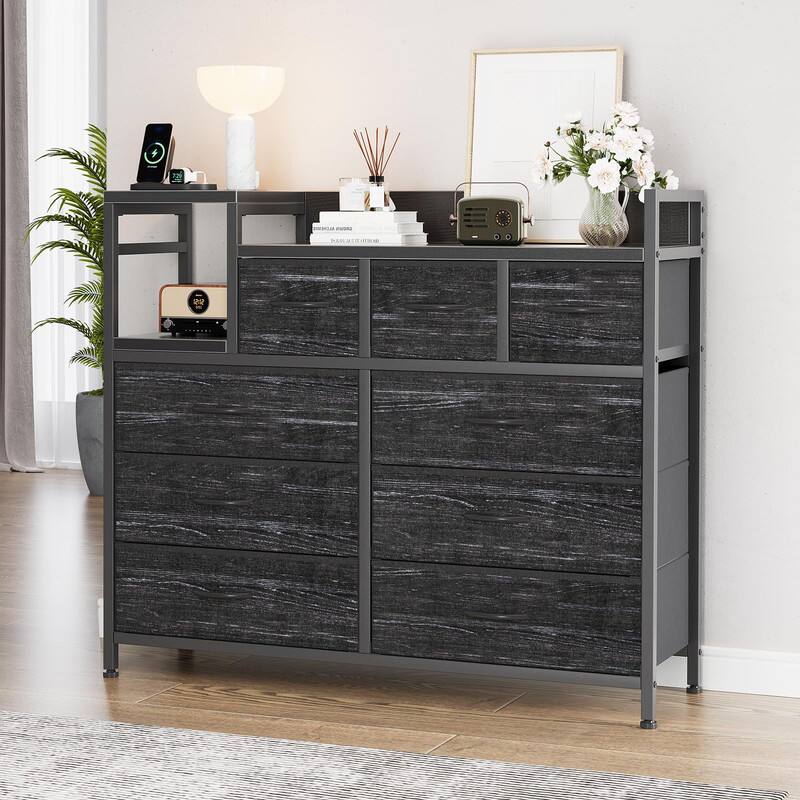 Alt View 4. GARVEE - 9 Drawer Dresser TV Stand with Charging Station, Media Console, Open Shelf, Power Outlets, Entertainment Center, Black - Black.