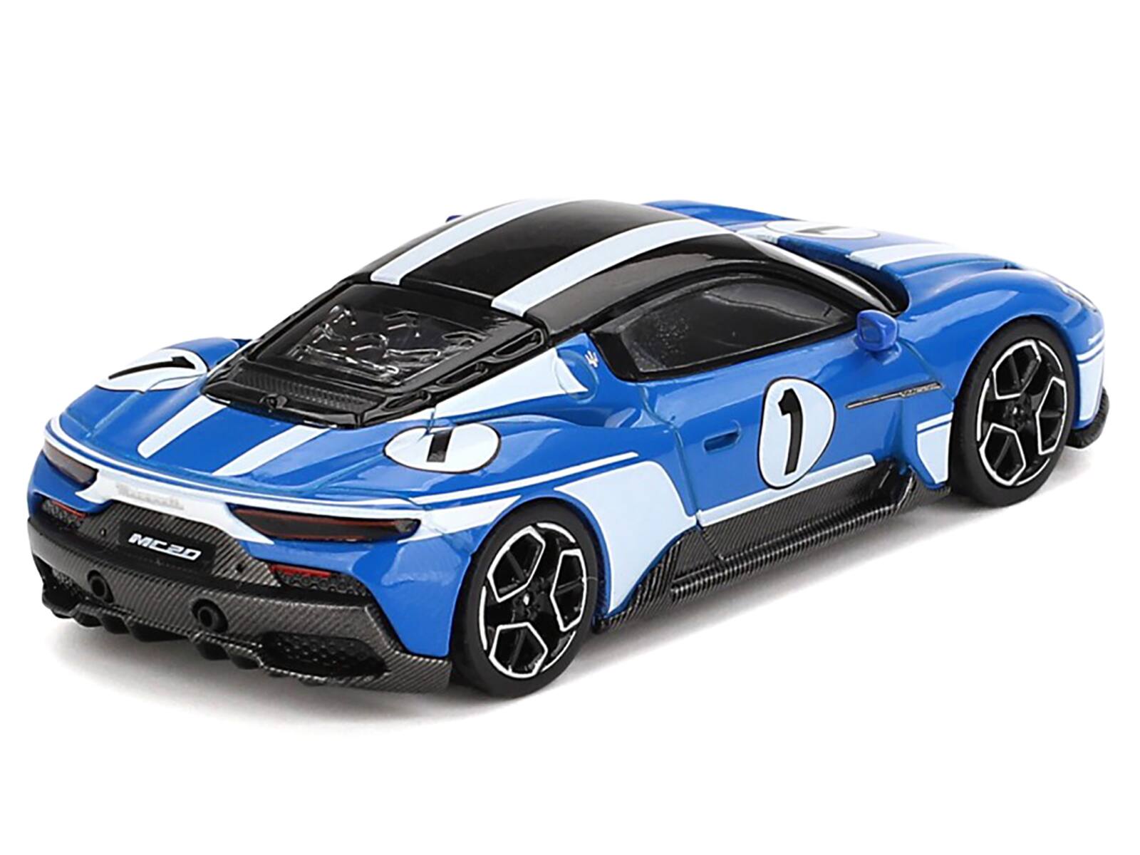 Left. BBR - Maserati MC20 #1 Blue with White Stripes and Black Top "Maserati Performance Experience" 1/64 Diecast Model Car by BBR - Blue and  White.