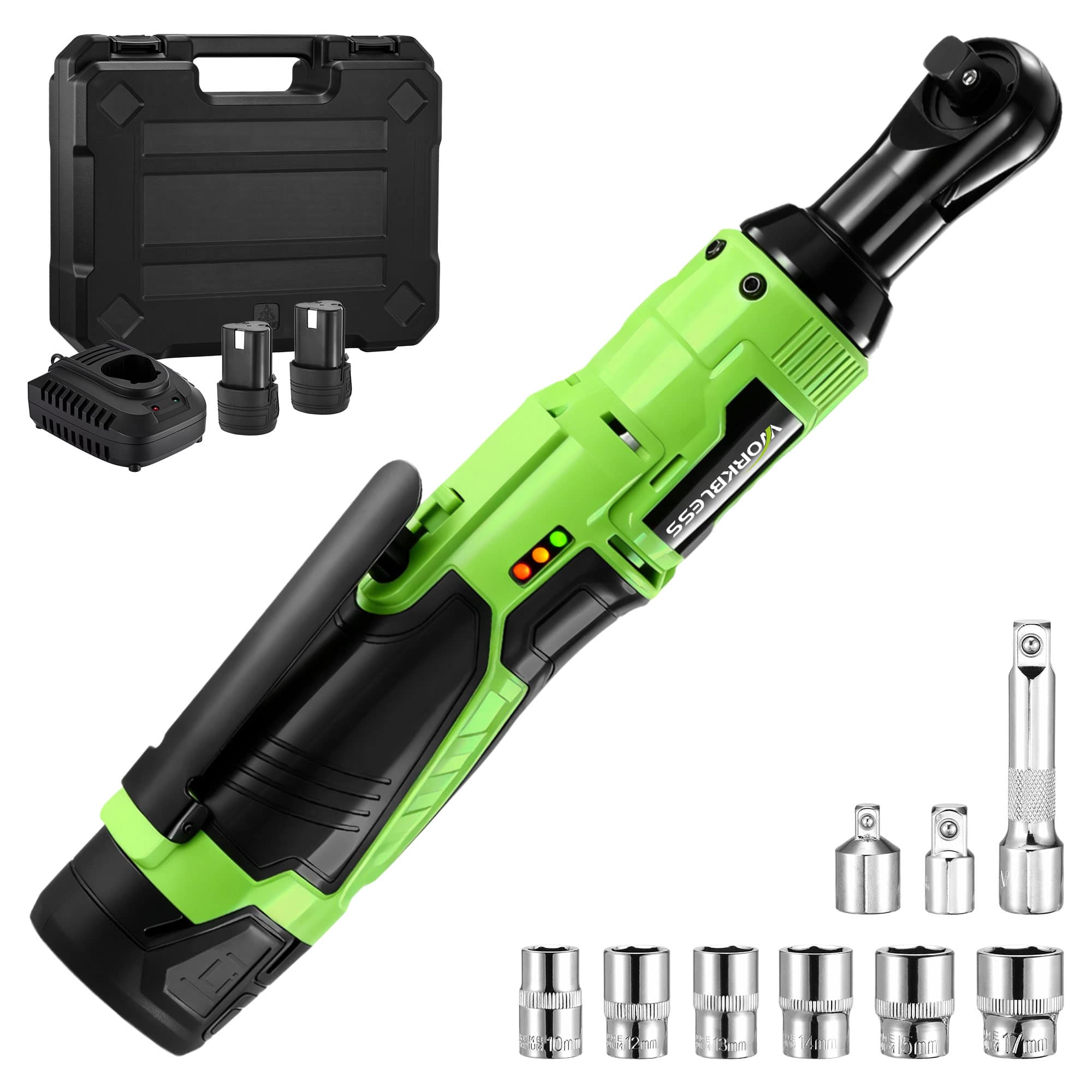 Unique Bargains - WORKBLESS 12V Cordless Electric Ratchet Wrench Set, Variable Speed, 6 Sockets, LED Light, Adapters, 2 x 2.0Ah Battery