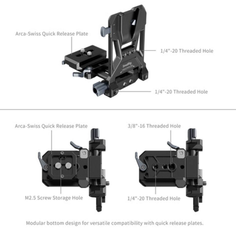 Arca-Swiss Quick Release Plate  
1/4"-20 Threaded Hole  
1/4"-20 Threaded Hole  
3/8"-16 Threaded Hole  
M2.5 Screw Storage Hole  
1/4"-20 Threaded Hole  

Modular bottom design for versatile compatibility with quick release plates.