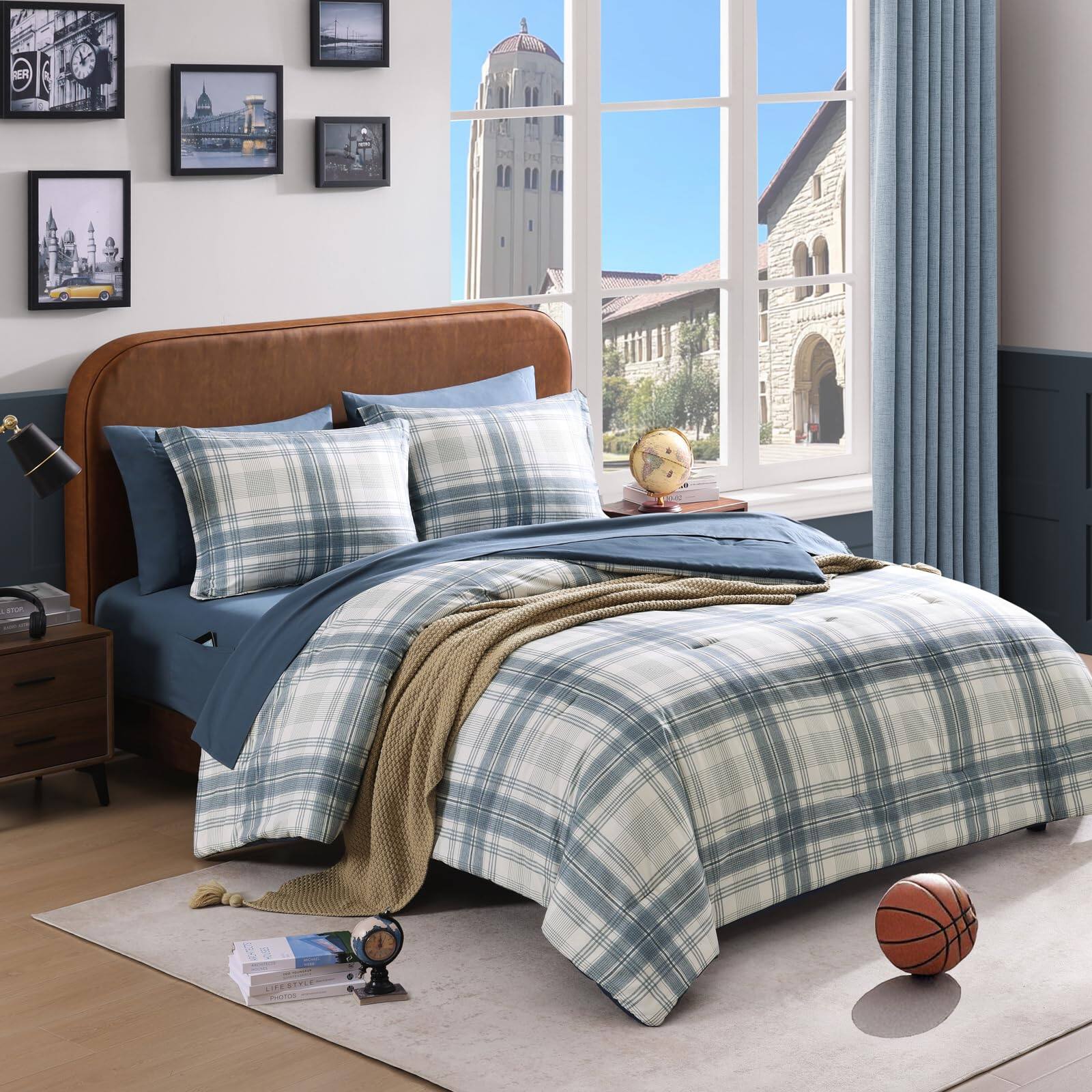 Front. TECH SAFARI - Comforter Set Striped Bedding For Teen All Season Bed In A Bag With Sheets Pillowcases Shams - Blue Grey Queen Size 7 Pieces.
