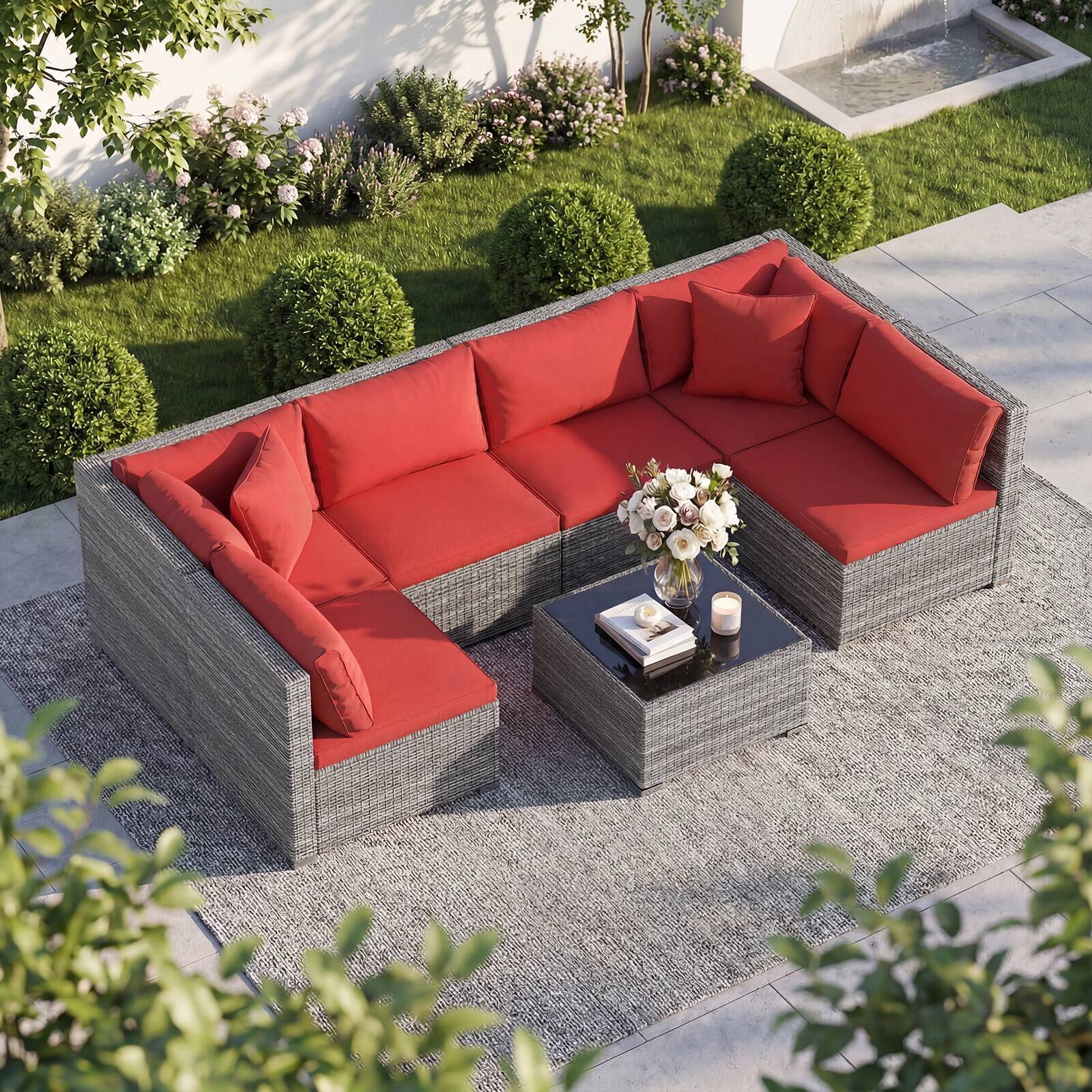 Alt View 5. Costway - Costway 7PCS Patio Furniture Set with Tempered Glass Coffee Table, Soft Pillows & Cushions - Mix Gray+Red.