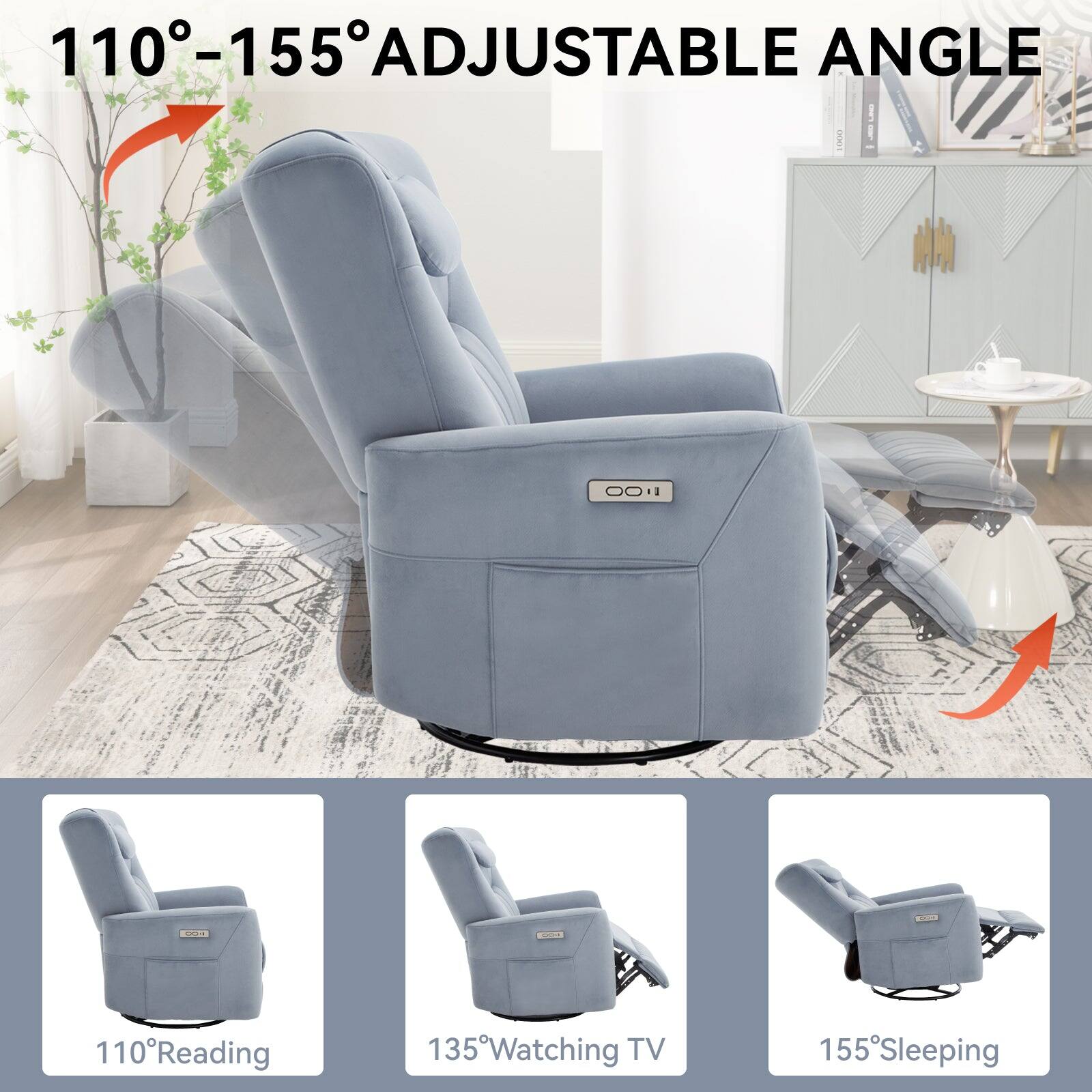 110-155° ADJUSTABLE ANGLE
110° Reading
135° Watching TV
155° Sleeping