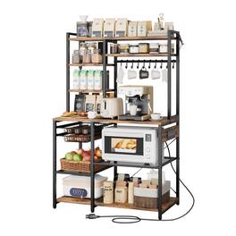 VEVOR - Kitchen Bakers Rack, 5 ft Power Cable Bakers Rack with Power Outlet, Kitchen Stand with X-Shaped Support Bar - Vintage Brown Wood + Black Iron Tube