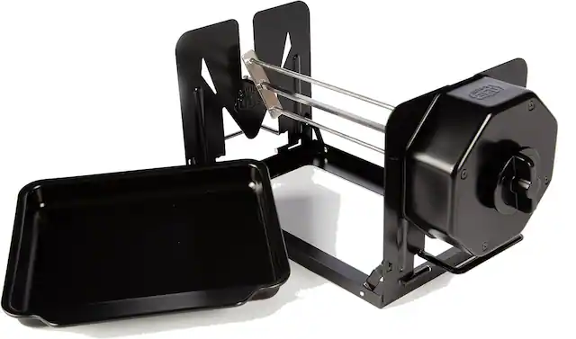 Front. FC Design - Non-Electric Wind-Up Rotisserie Basic Set – Manual Spit Roaster w/ Basket, Cage, Skewers & Mat for BBQ & Oven Use -B - Black and Silver.