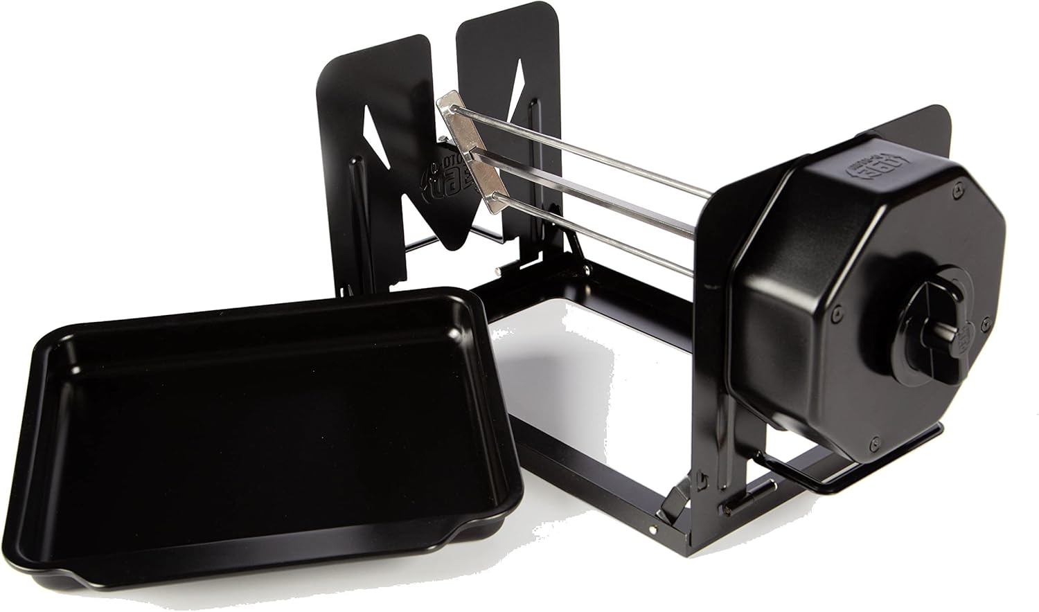 Front. FC Design - Non-Electric Wind-Up Rotisserie Basic Set – Manual Spit Roaster w/ Basket, Cage, Skewers & Mat for BBQ & Oven Use -B - Black and Silver.