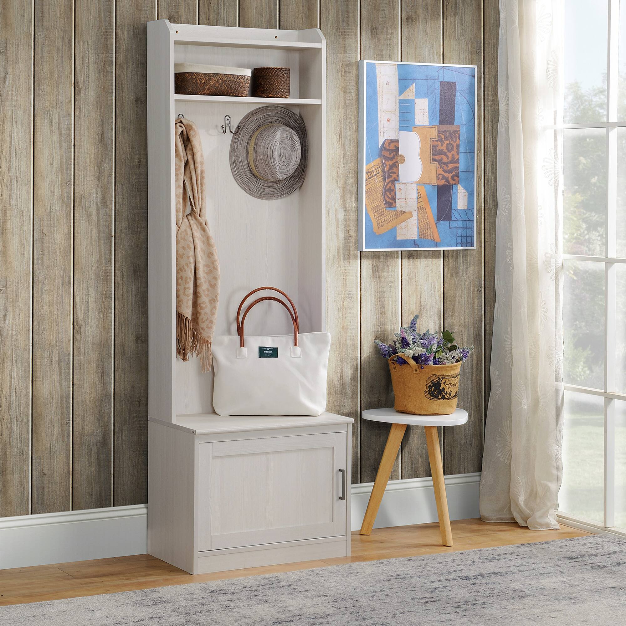 Alt View 7. Homcom - Narrow Hall Tree with Shoe Storage Bench, Rustic Entryway Bench with Coat Rack, Accent Coat Tree - White.