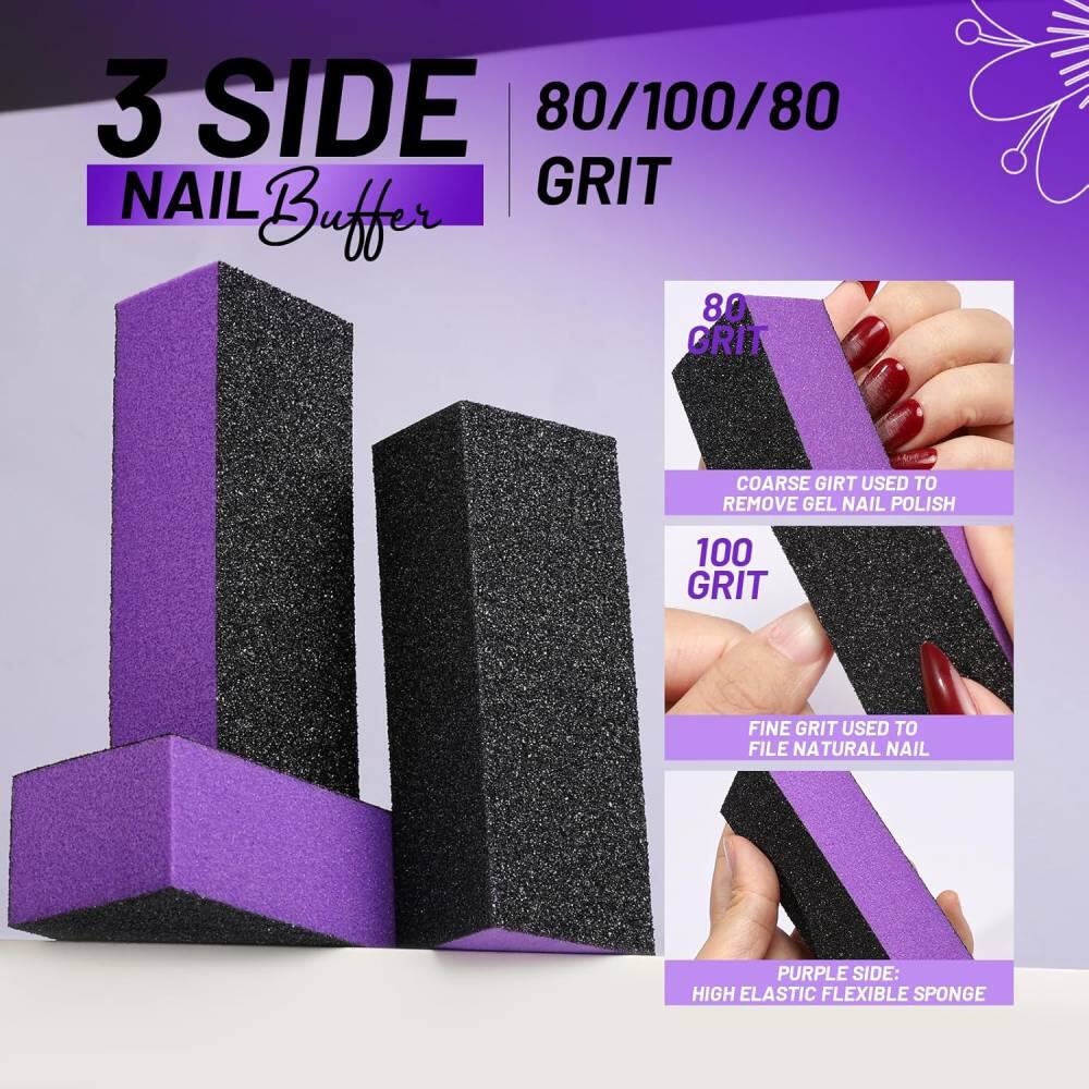 3 SIDE NAIL Buffer

80/100/80 GRIT

80 GRIT
COARSE Grit USED TO REMOVE GEL NAIL POLISH

100 GRIT
FINE Grit USED TO FILE NATURAL NAIL

PURPLE SIDE:
HIGH ELASTIC FLEXIBLE SPONGE